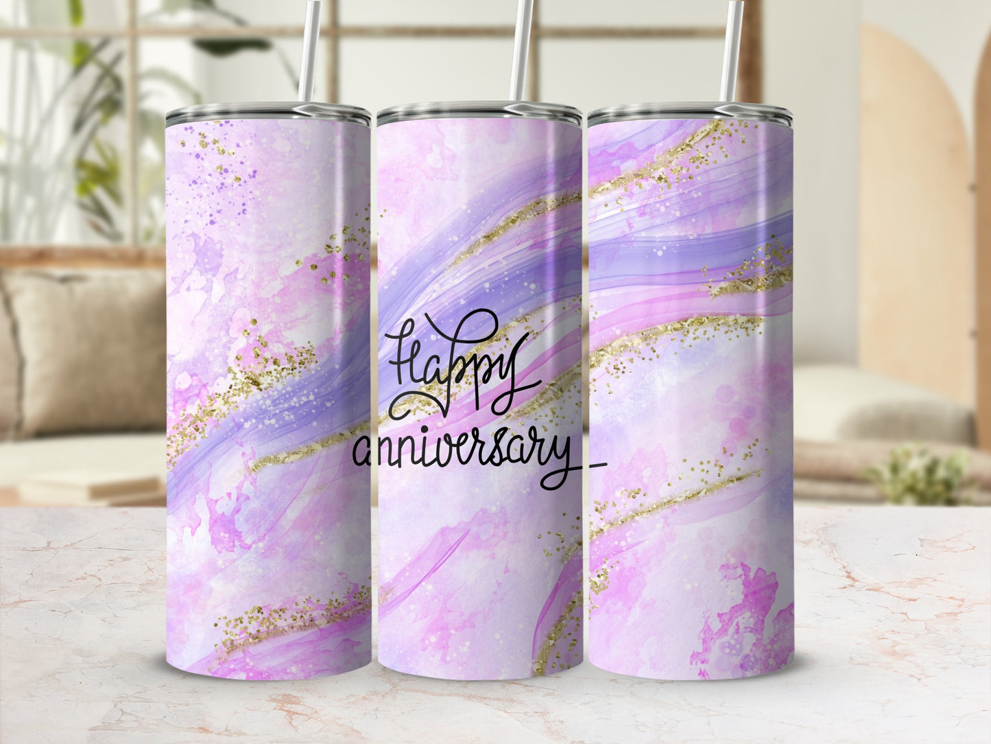 Pink and purple watercolor tumbler with gold glitter and "Happy Anniversary" text.