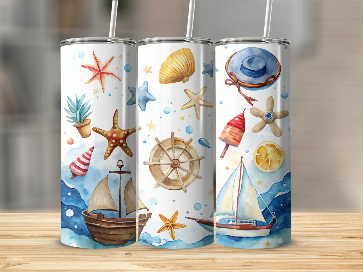 Tumbler with nautical watercolor art of sailboats, anchors, and sea life.
