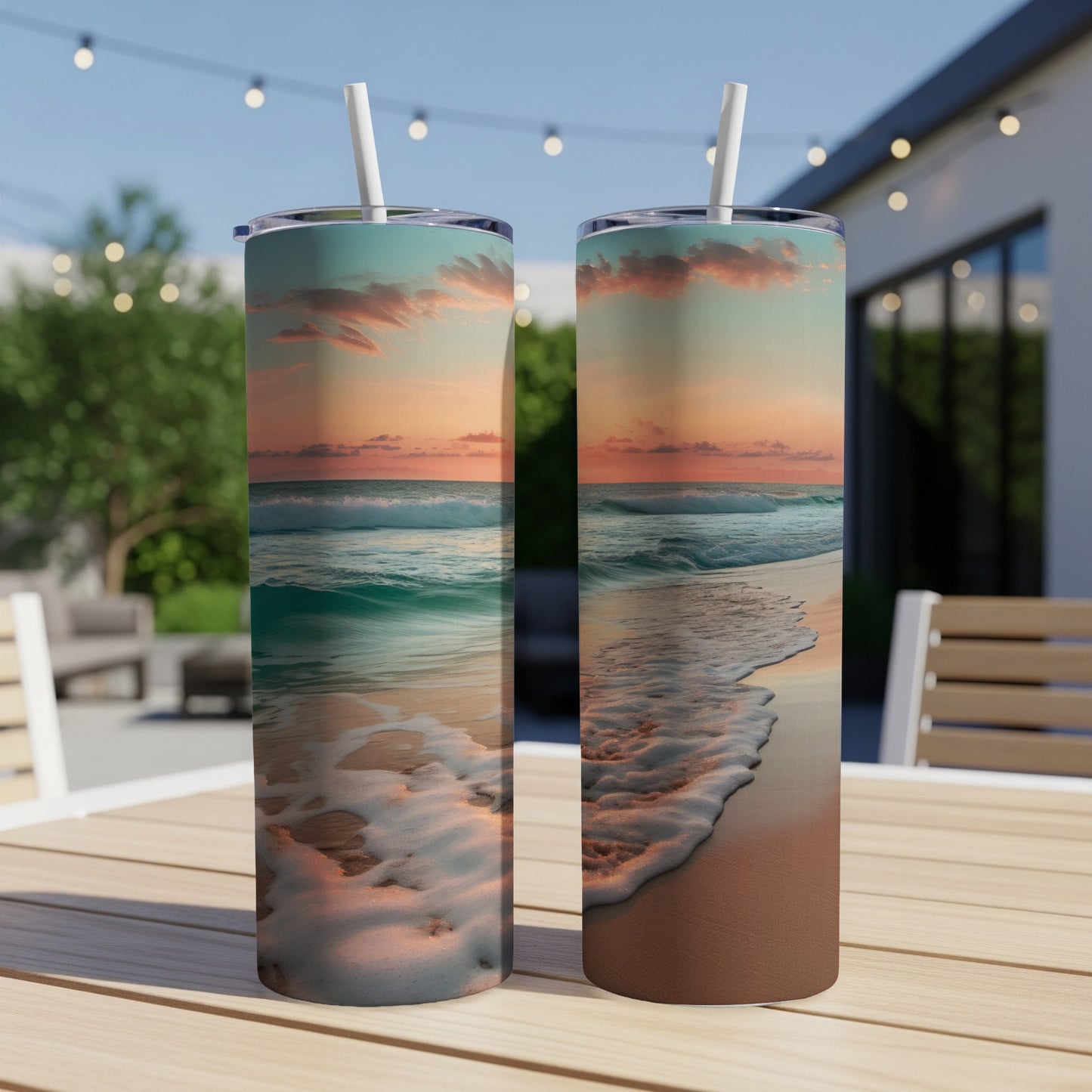 Two tumblers featuring a tropical beach sunset with waves.