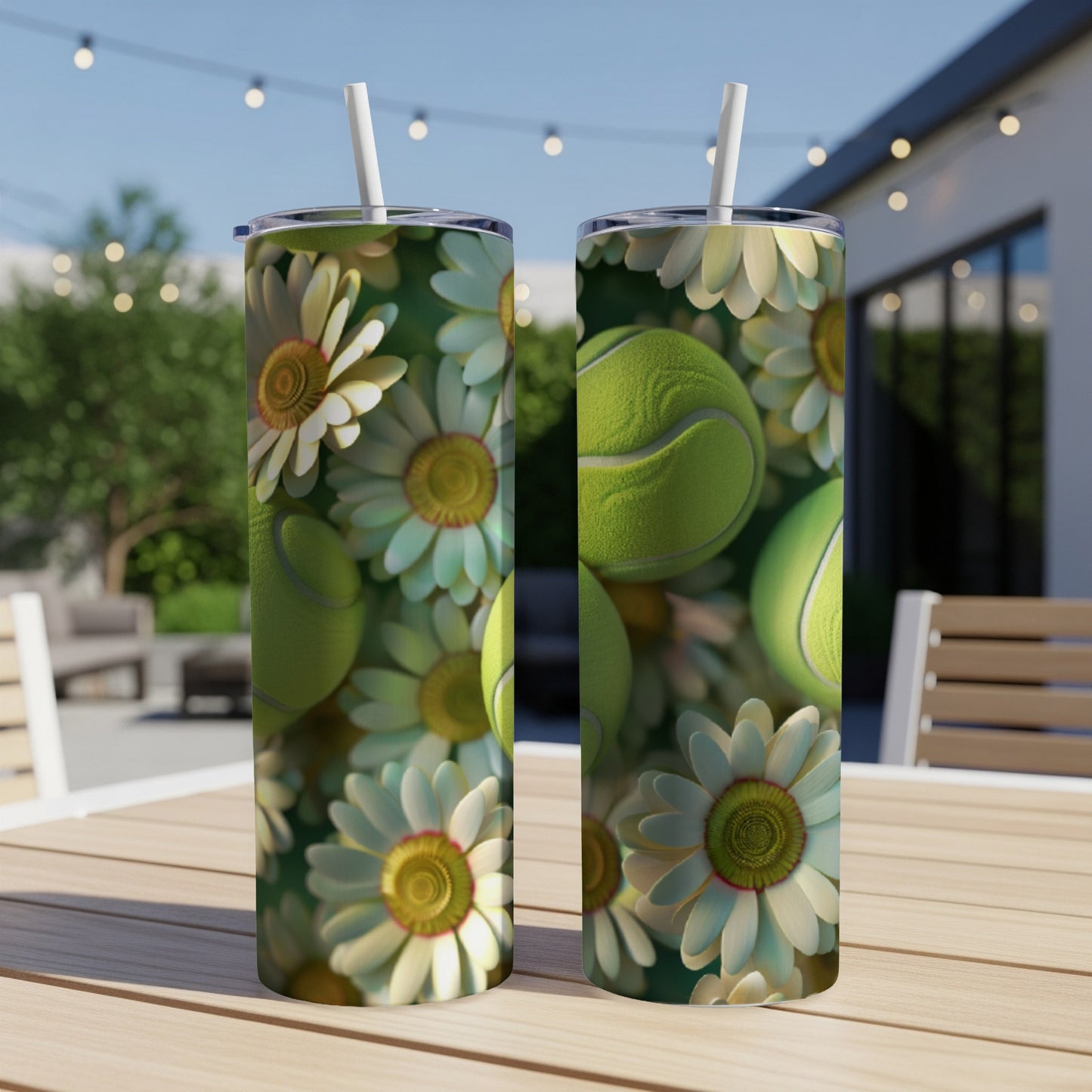 Two tumblers with daisies and tennis balls on an outdoor table.