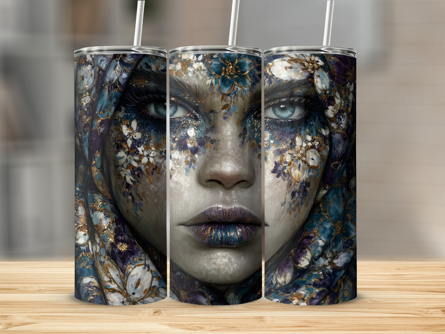 Ethereal Floral Face Art on Elegant Drinkware