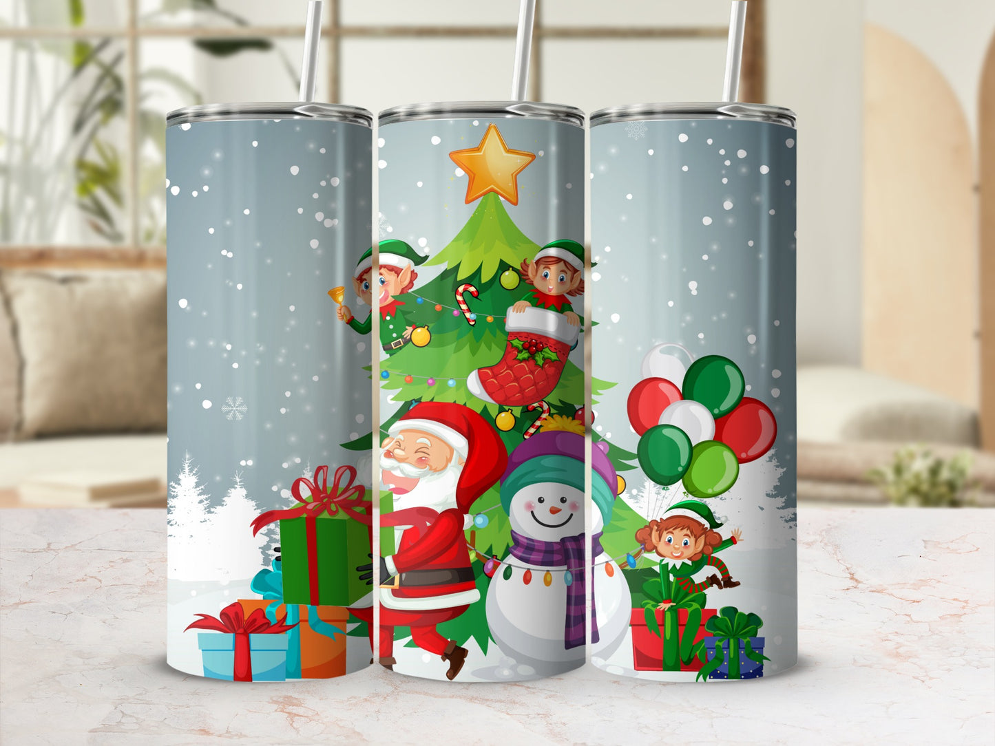Festive Christmas Santa and Elf Design Tumbler
