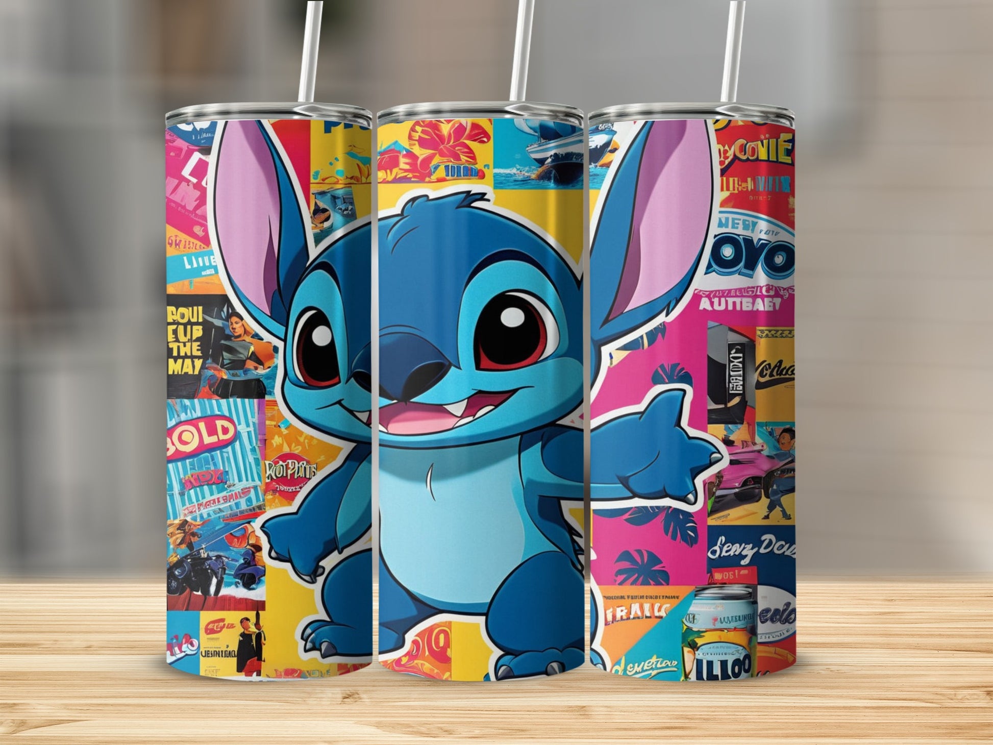 Stitch character on a colorful tumbler with various retro-style graphics.
