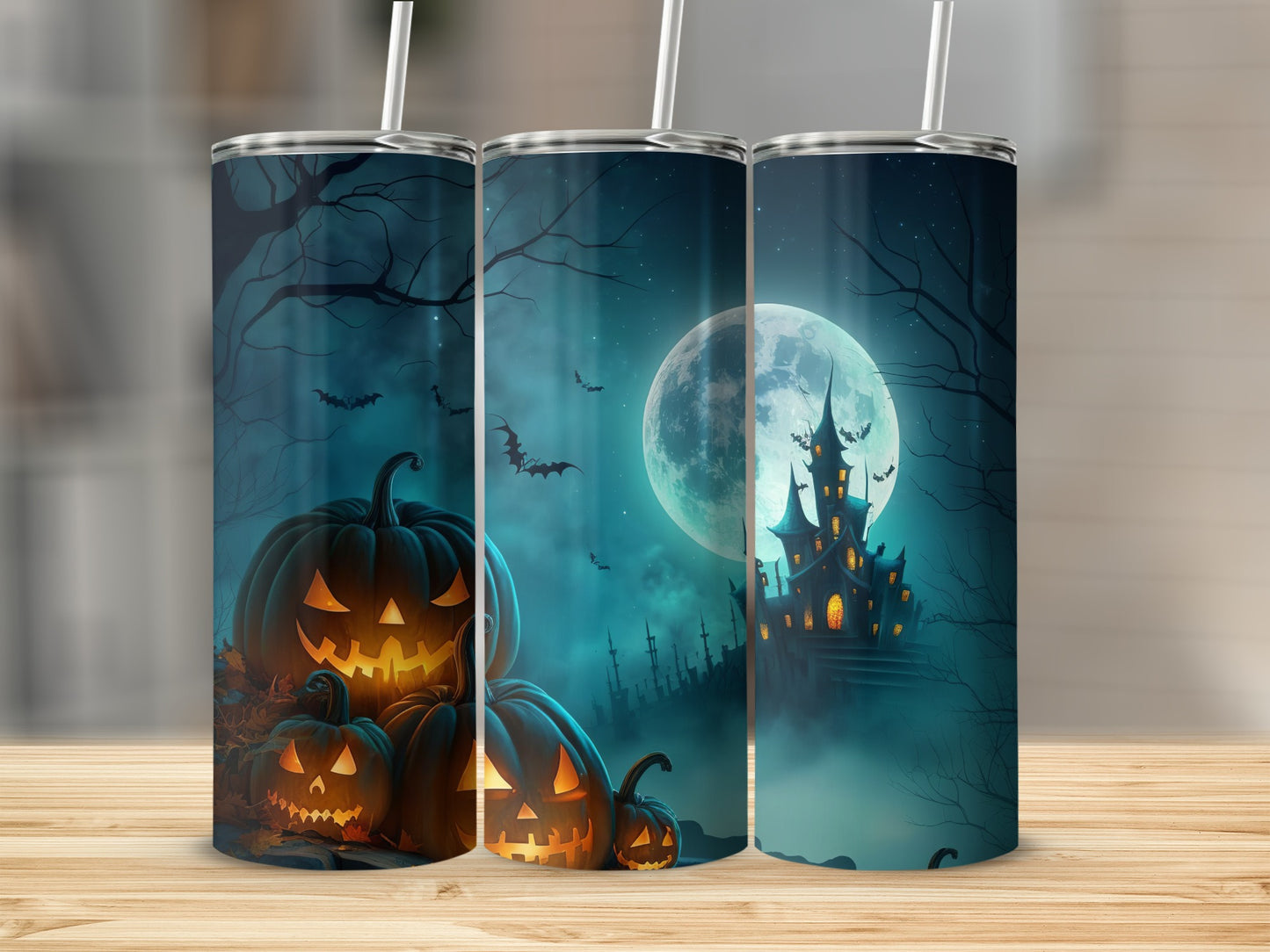 Spooky Haunted House and Pumpkins Tumbler Halloween Decor