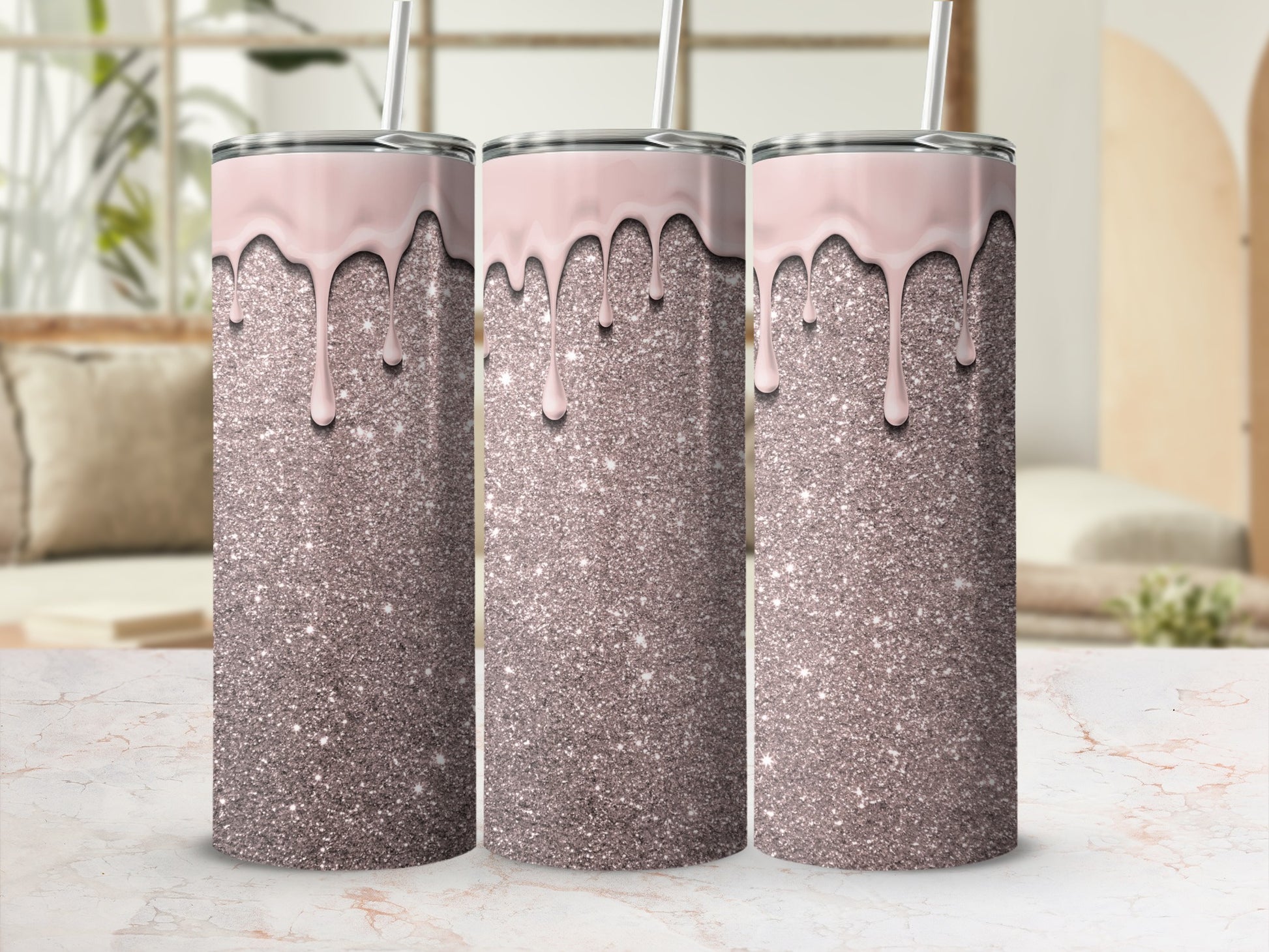 Sparkling Glitter Tumbler with Pink Dripping Design