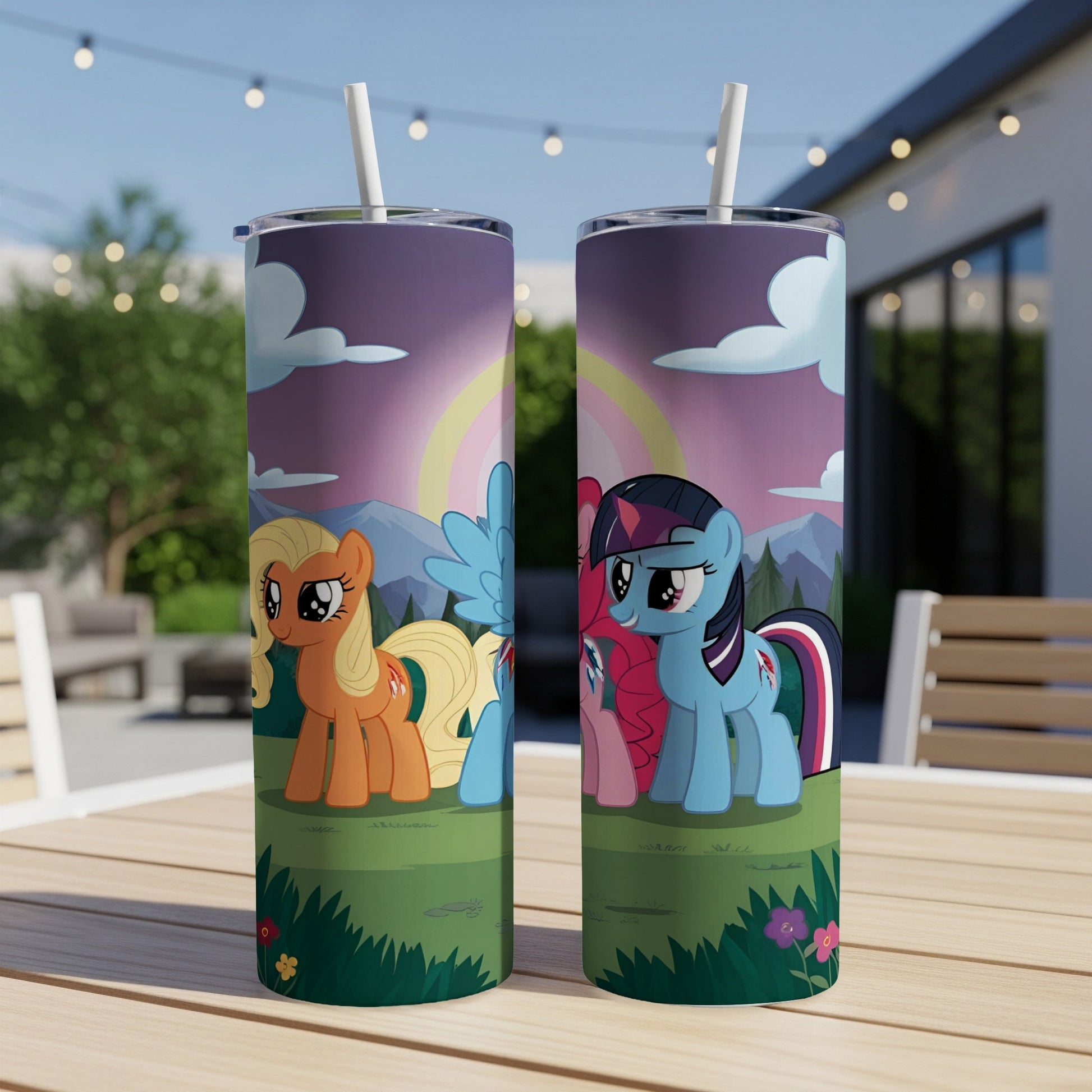My Little Pony characters Applejack and Twilight Sparkle on a grassy hill with rainbow.