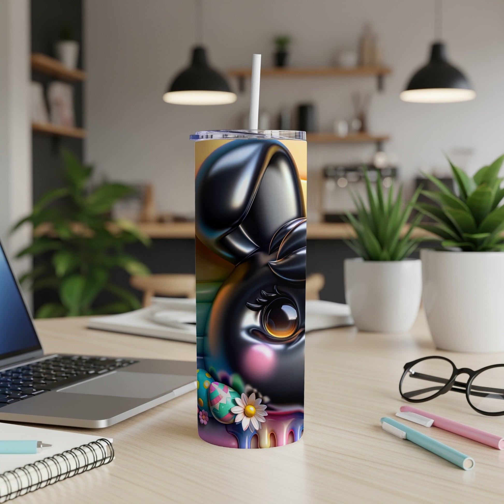 Black bunny tumbler with Easter eggs and straw on a desk.