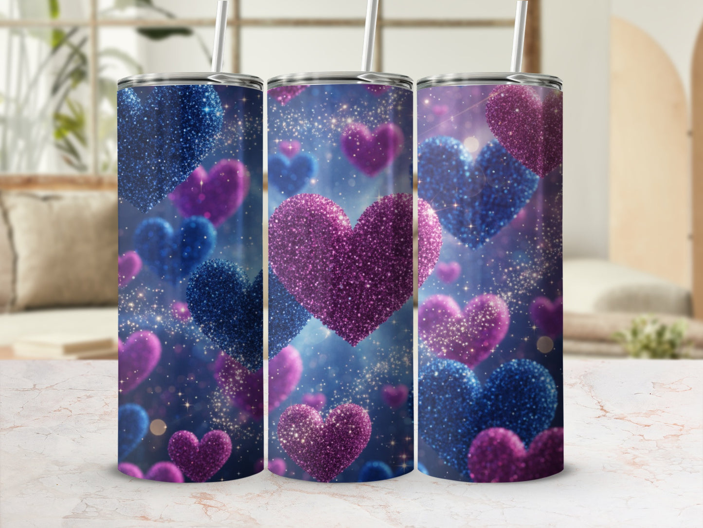 Sparkly Blue and Pink Heart Design Tumbler Cups