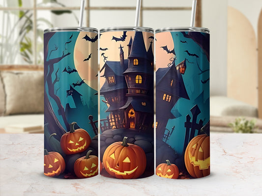Halloween tumblers with haunted houses, jack-o'-lanterns, and flying bats on teal background.