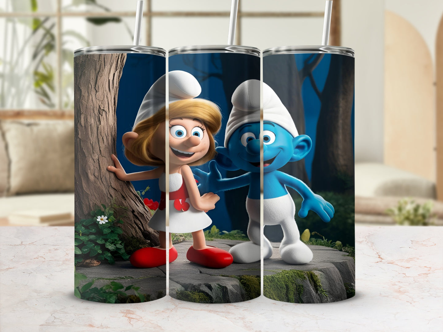 Smurfette and a blue Smurf stand in a forest scene.