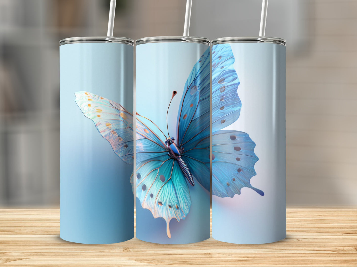 Blue butterfly on a light blue gradient tumbler.