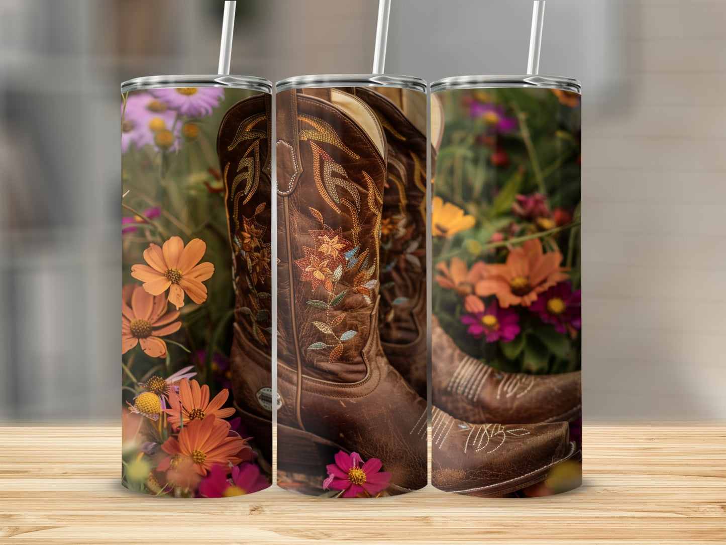 Brown cowboy boots with floral embroidery surrounded by colorful flowers.