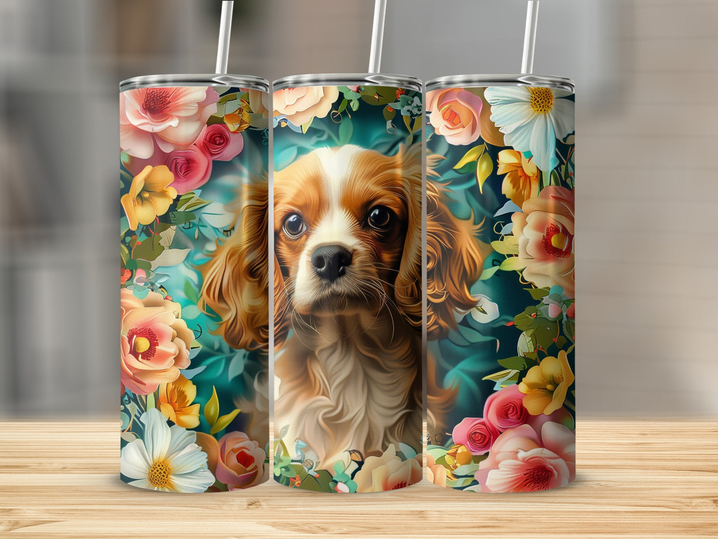 Three tumblers featuring a Cavalier King Charles Spaniel surrounded by colorful flowers.