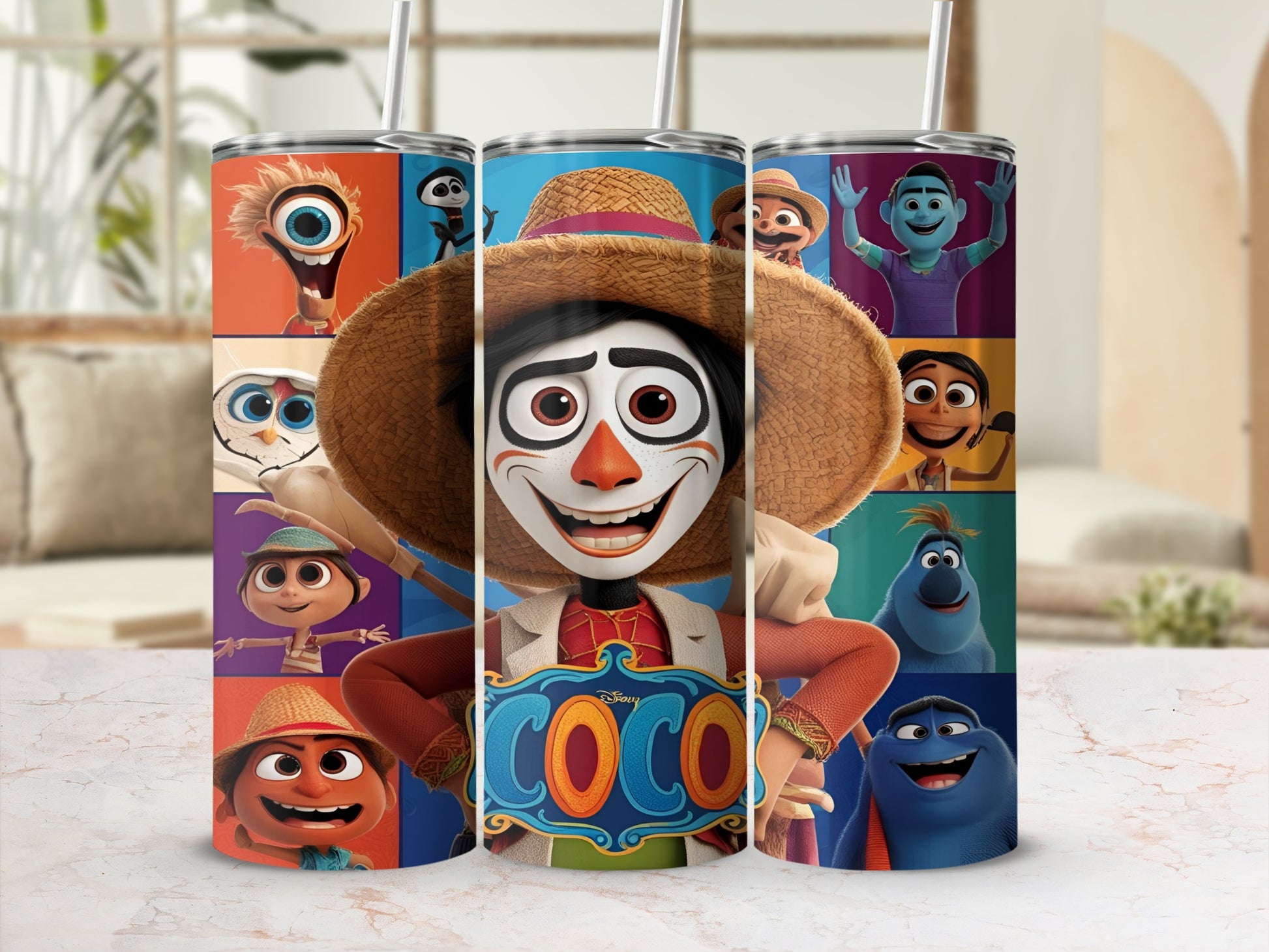Disney Coco characters with Miguel front and center wearing a straw hat.