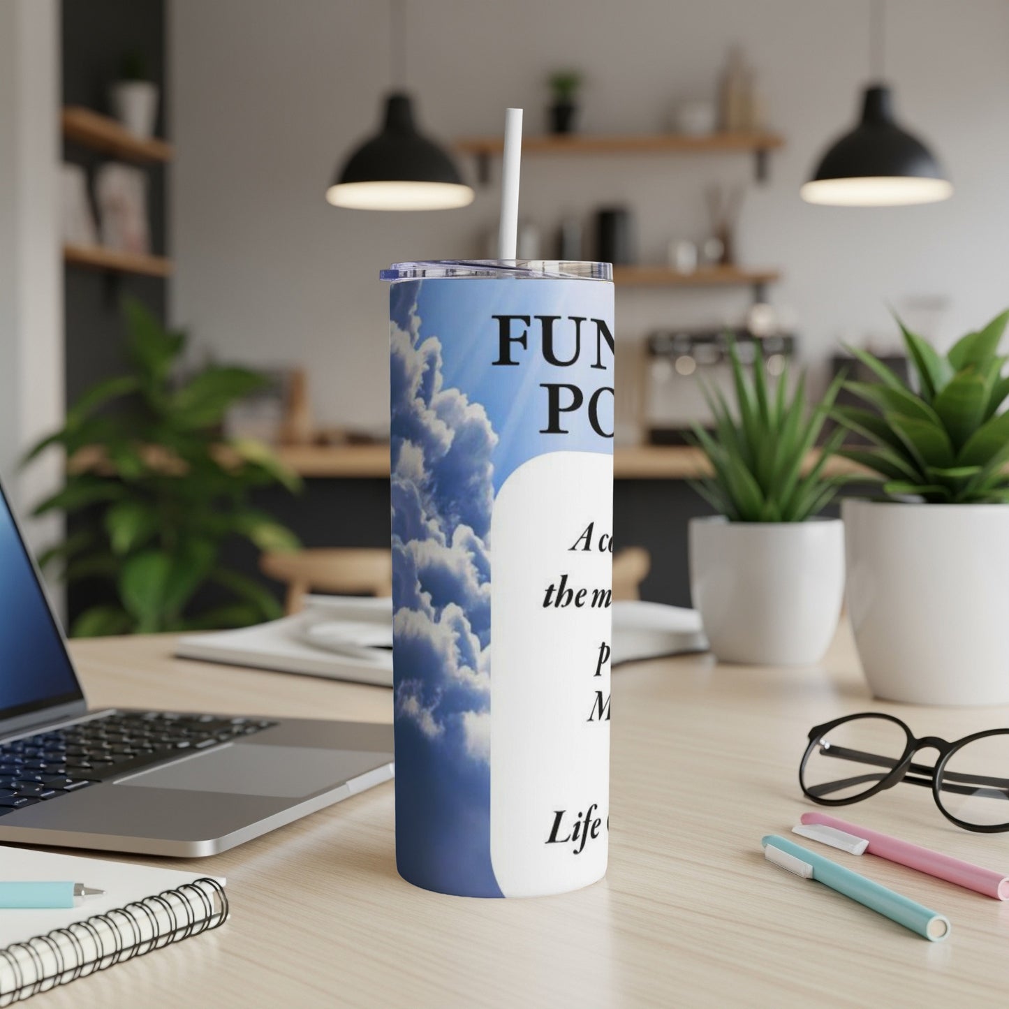 Blue sky with white clouds and text on a tumbler.