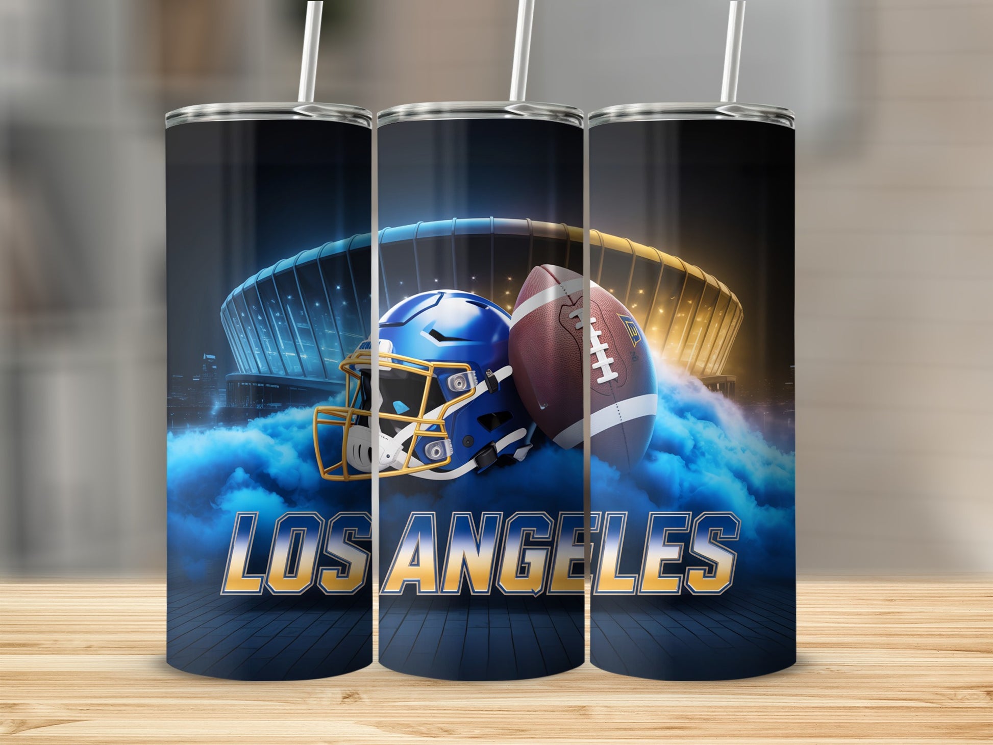 Los Angeles football helmet and ball with stadium background.