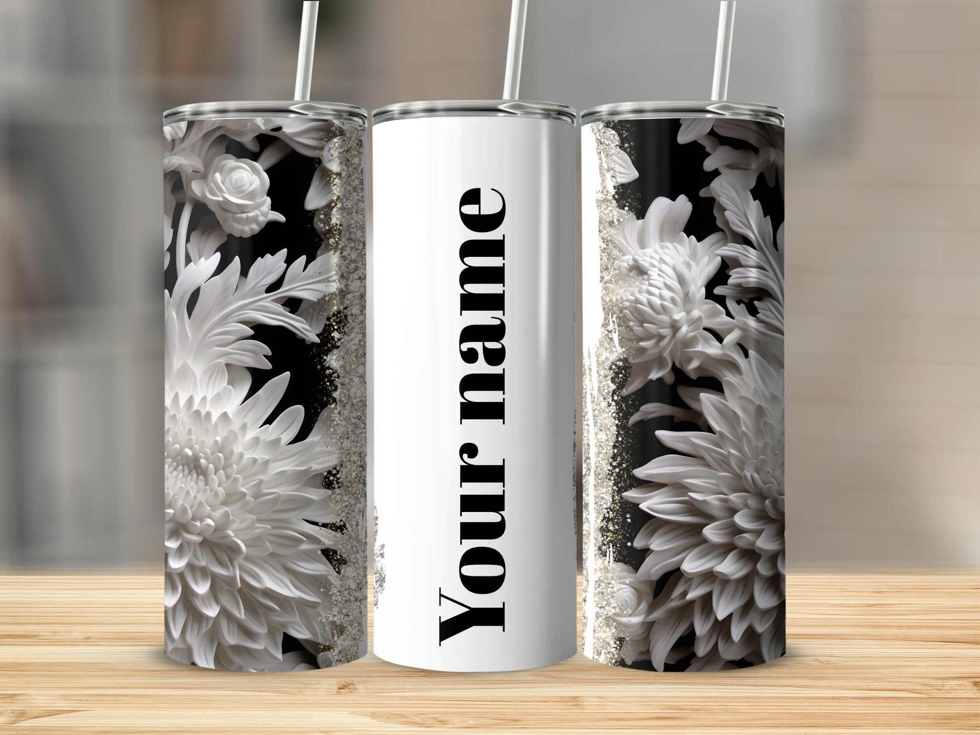 Customizable Floral White and Black Tumbler with Straw