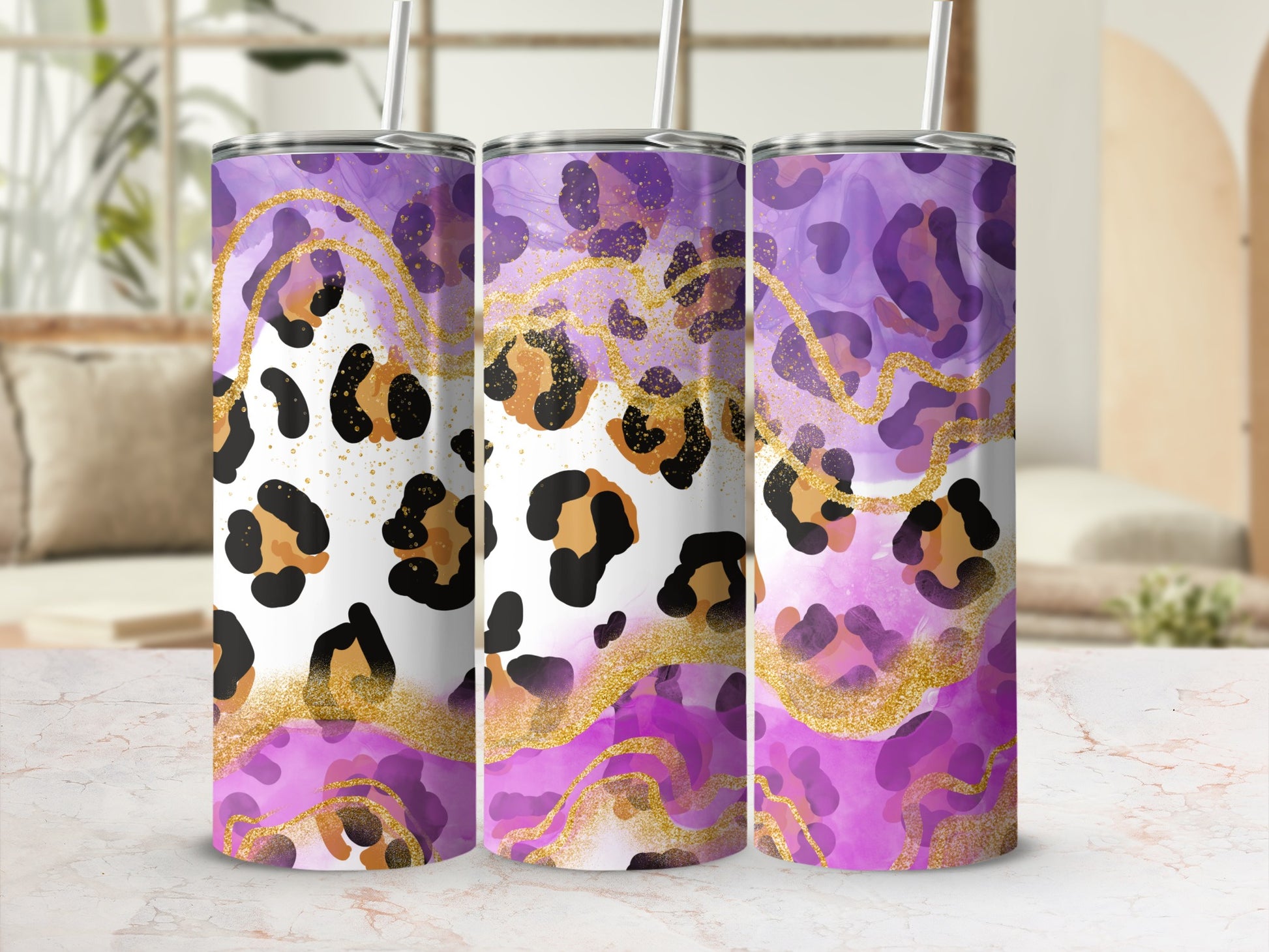 Purple Animal Print Gold Glitter Design Tumbler