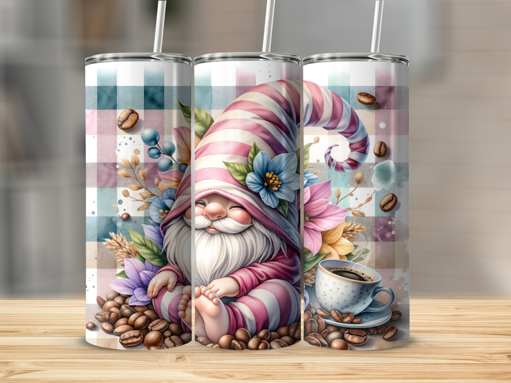 Gnome with pink striped hat and beard sits among coffee beans and flowers.