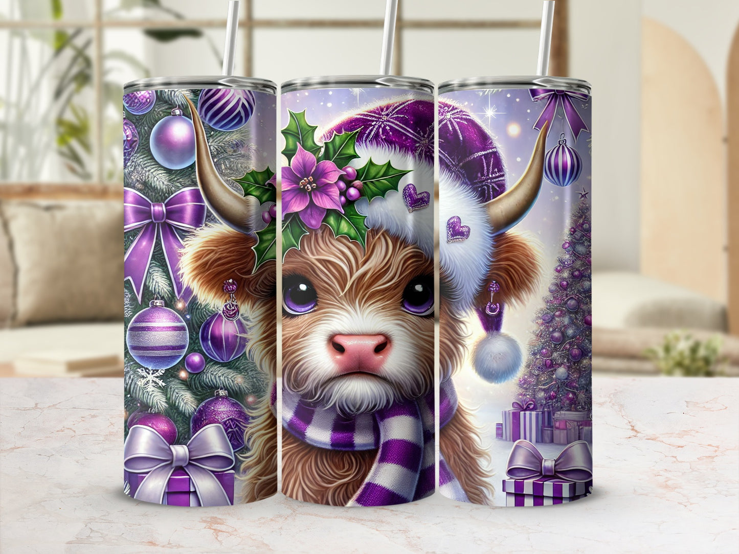 Cow wearing a Santa hat and scarf, surrounded by Christmas decorations.