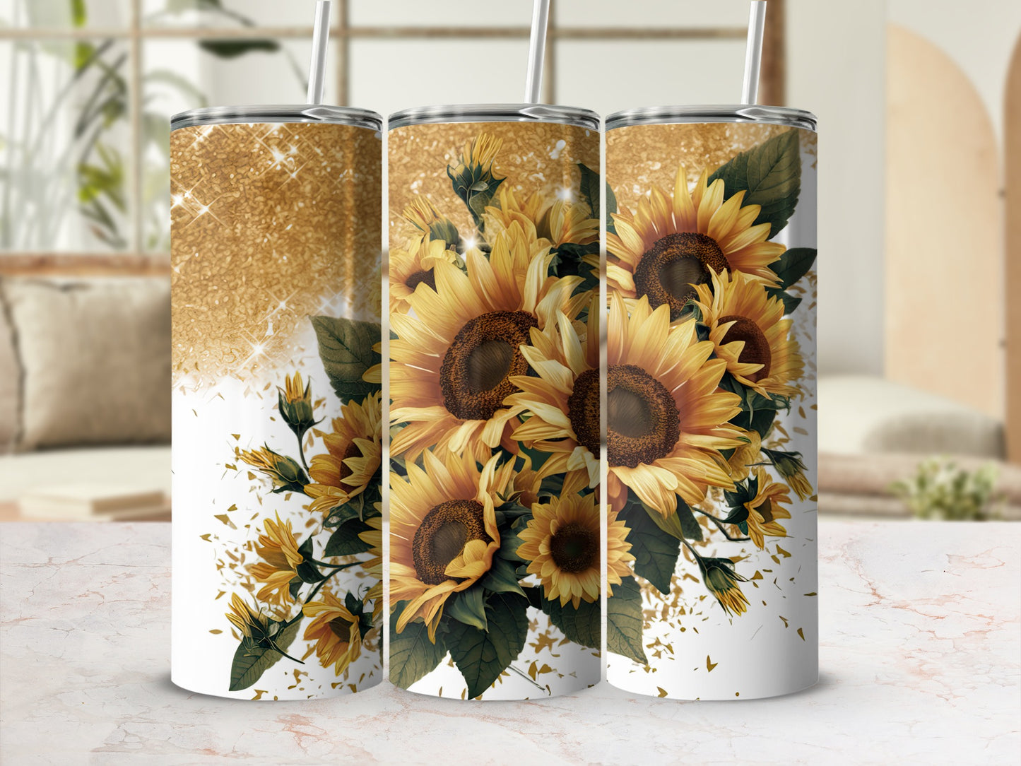 Three glitter-accented tumblers featuring sunflowers and leaves.