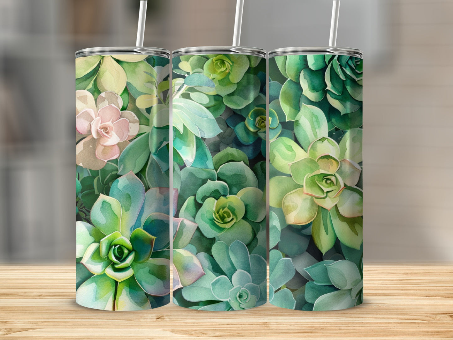 Watercolor succulents on three tall tumblers with white straws.