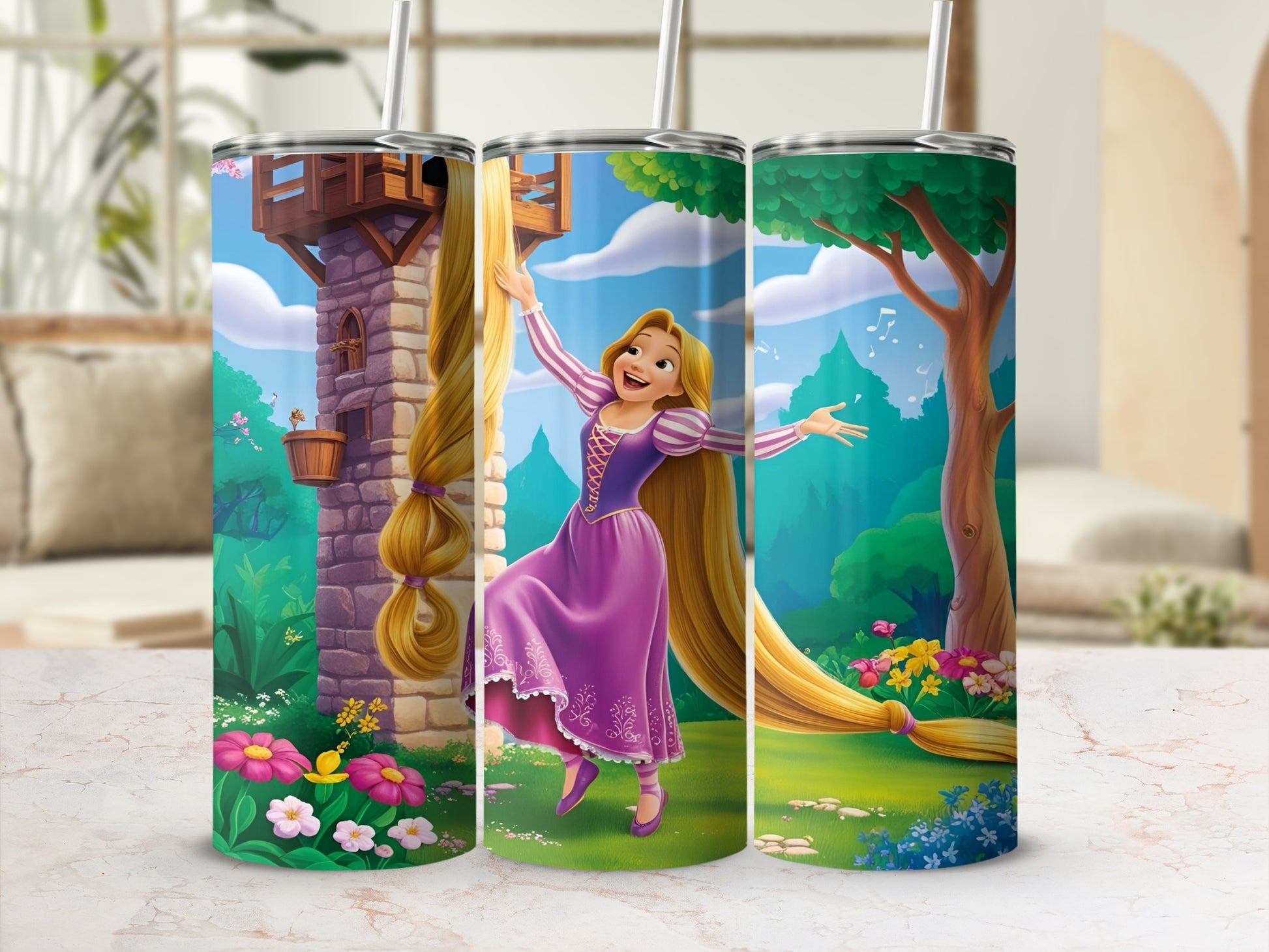 Tangled's Rapunzel with long blonde hair and purple dress in a whimsical forest.