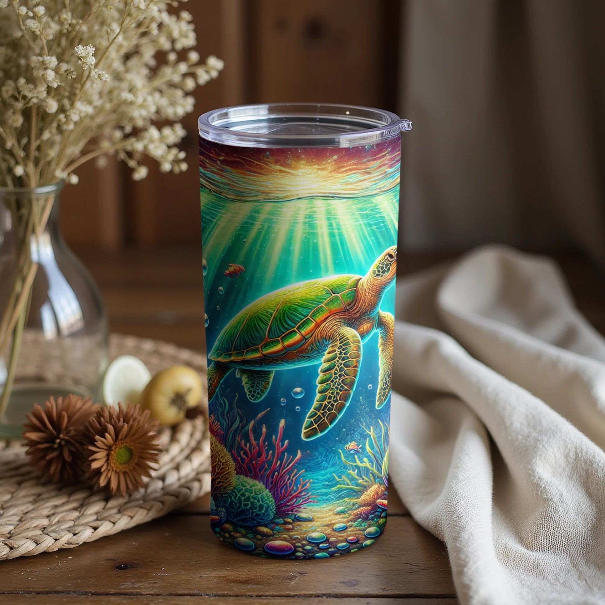 Sea Turtle with Coral Illustration Tumbler