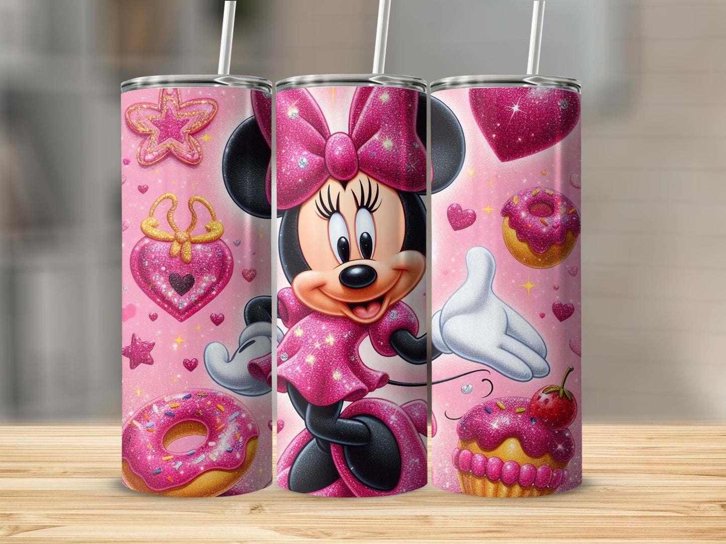 Pink Glitter Minnie Mouse Cupcake Donut Tumbler