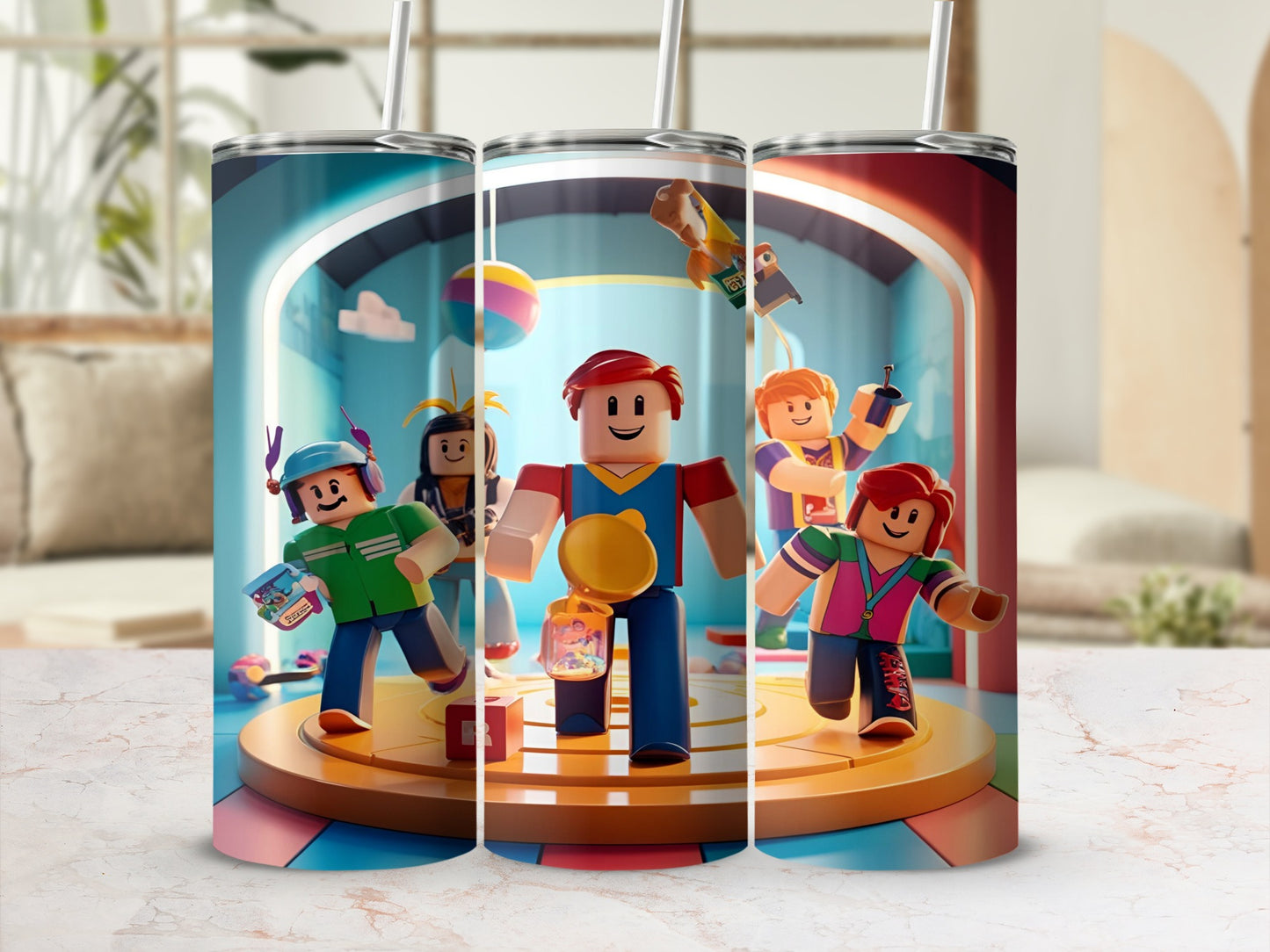 Roblox characters on a stage with balloons and building blocks.