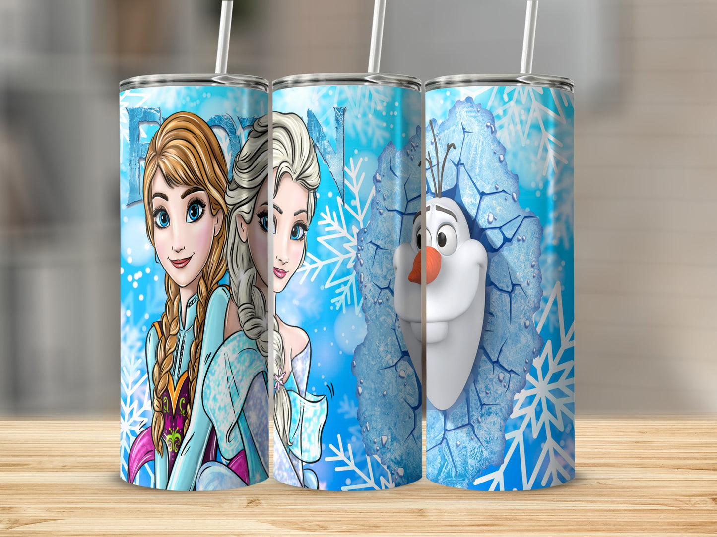 Three tumblers with Frozen characters Elsa and Anna, and Olaf.