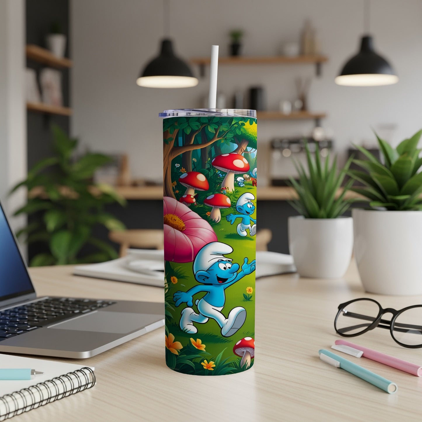 Smurf character with mushrooms and flowers on a tumbler cup.