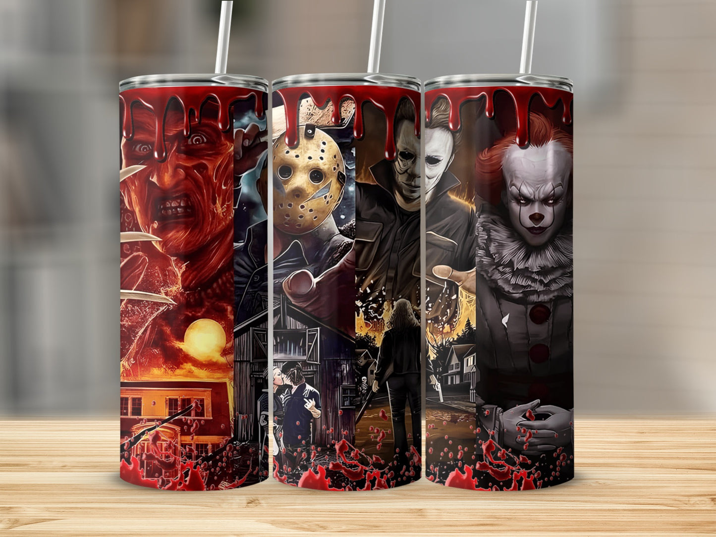 Tumblers feature horror movie villains Freddy Krueger, Jason Voorhees, Michael Myers, and Pennywise.