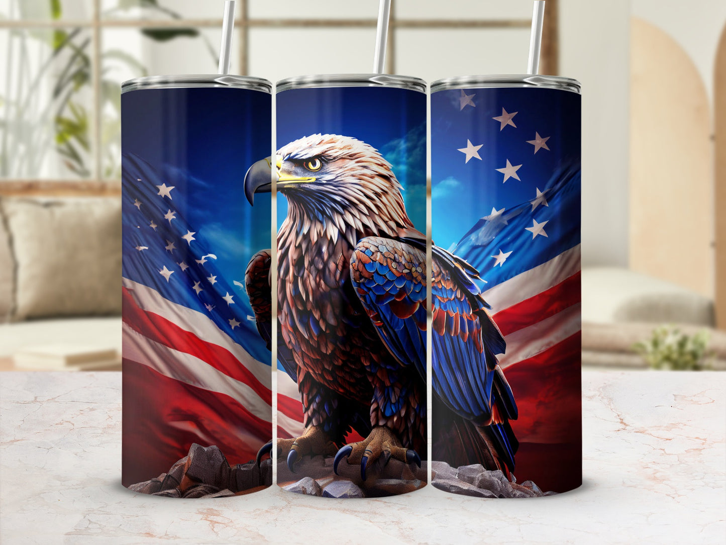 Eagle with American flag design on three tumblers.