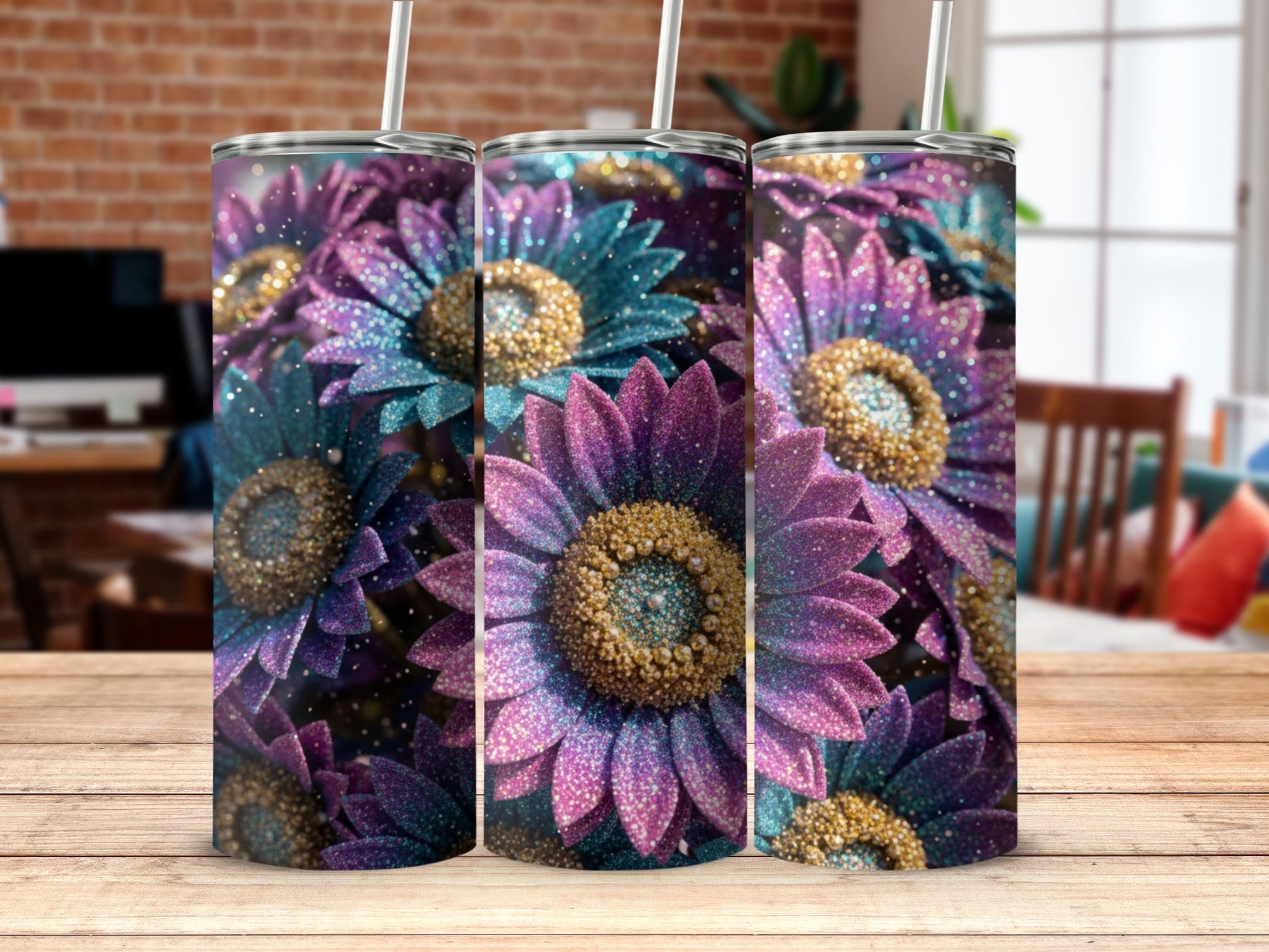 Glittery Flower Design with Straw Tumbler