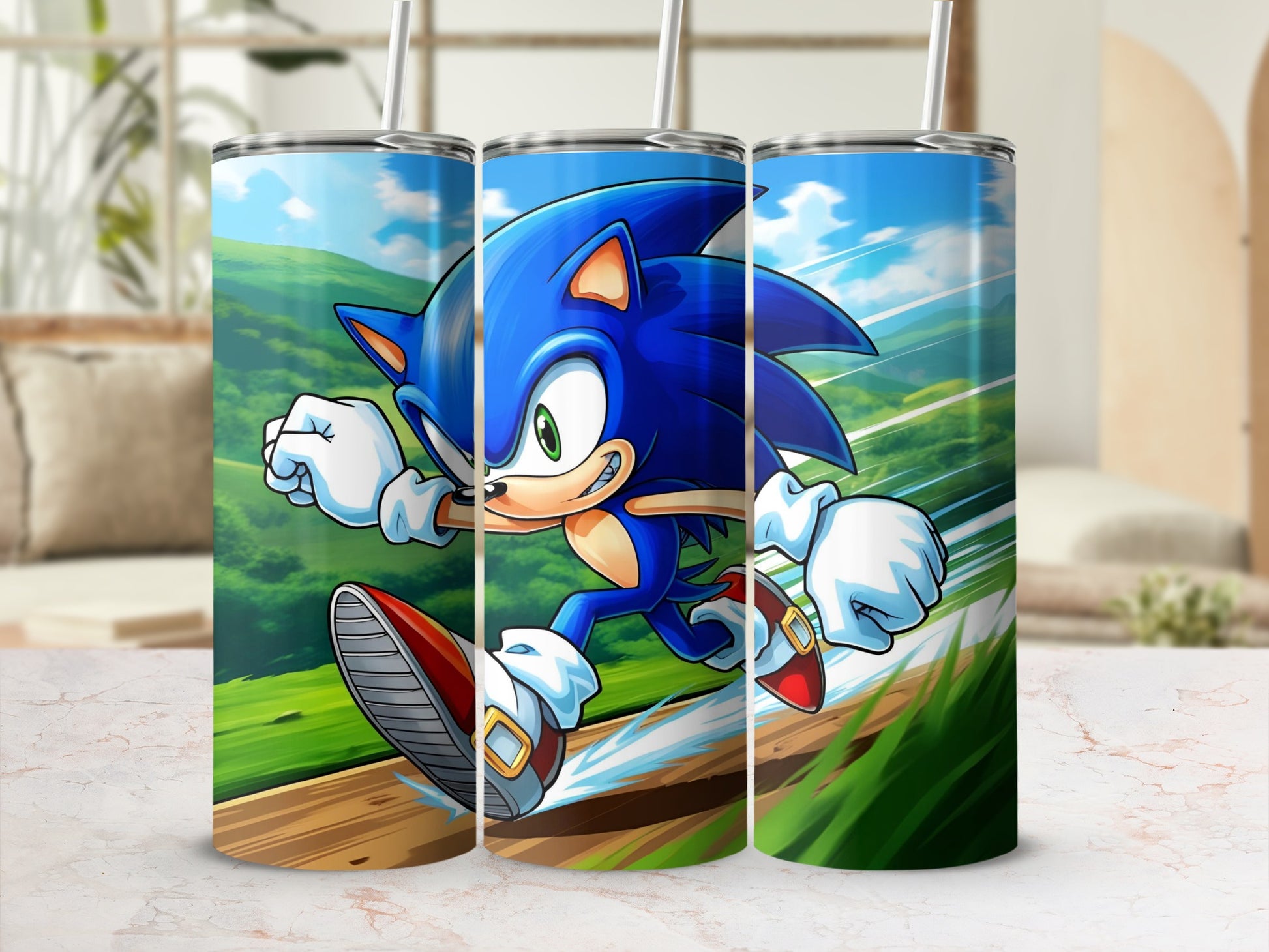 Sonic the Hedgehog running on a grassy track with a blurred background.