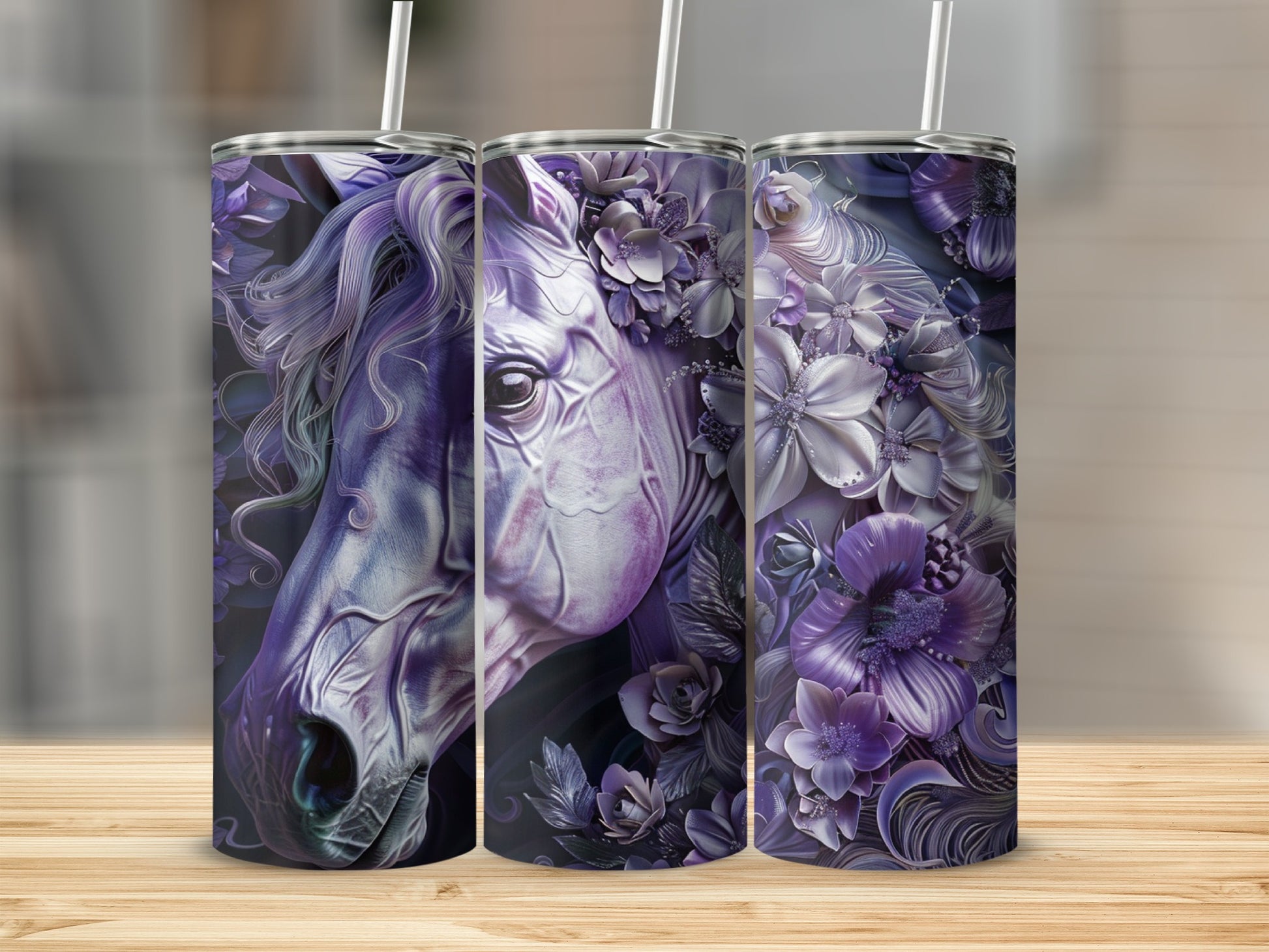 Purple horse and floral design on three tumblers.