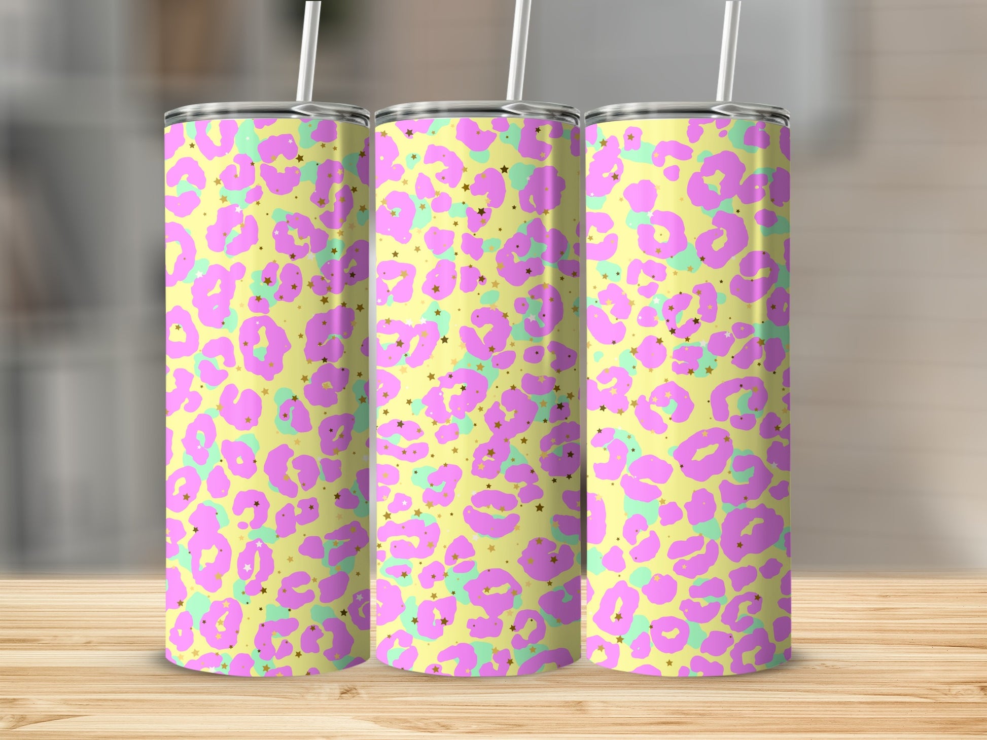 Bright Leopard Print Tumbler with Straw Stainless Steel
