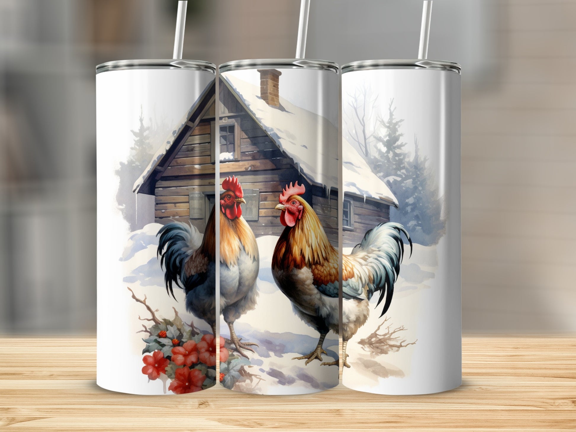 Three tumblers featuring roosters in a snowy woodland scene.