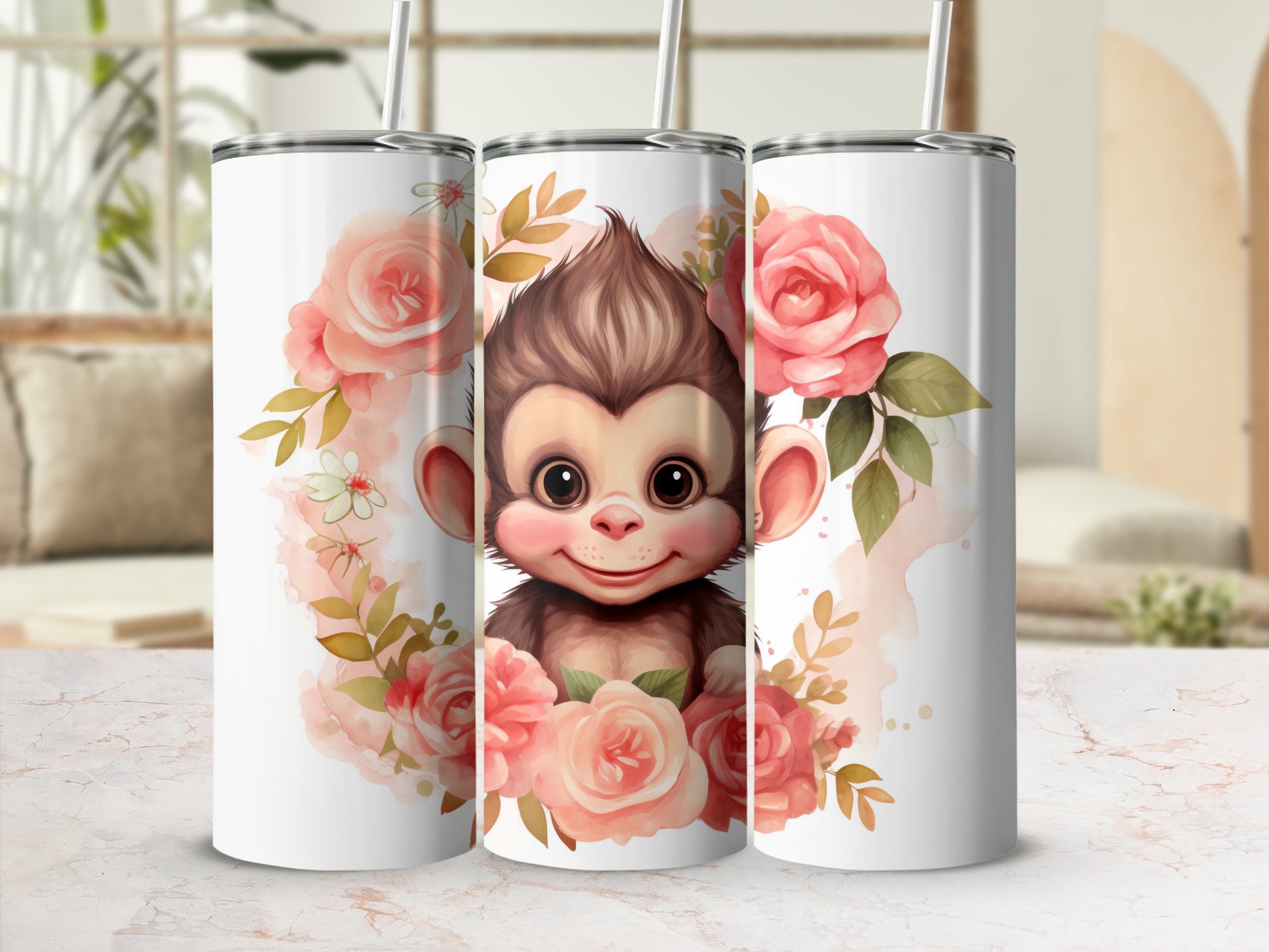 Cute Monkey Face Pink Roses Floral Wreath Design Tumbler product type