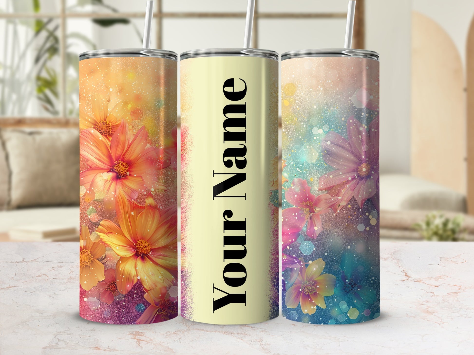 Personalized Bright Floral Themed Tumbler Cup