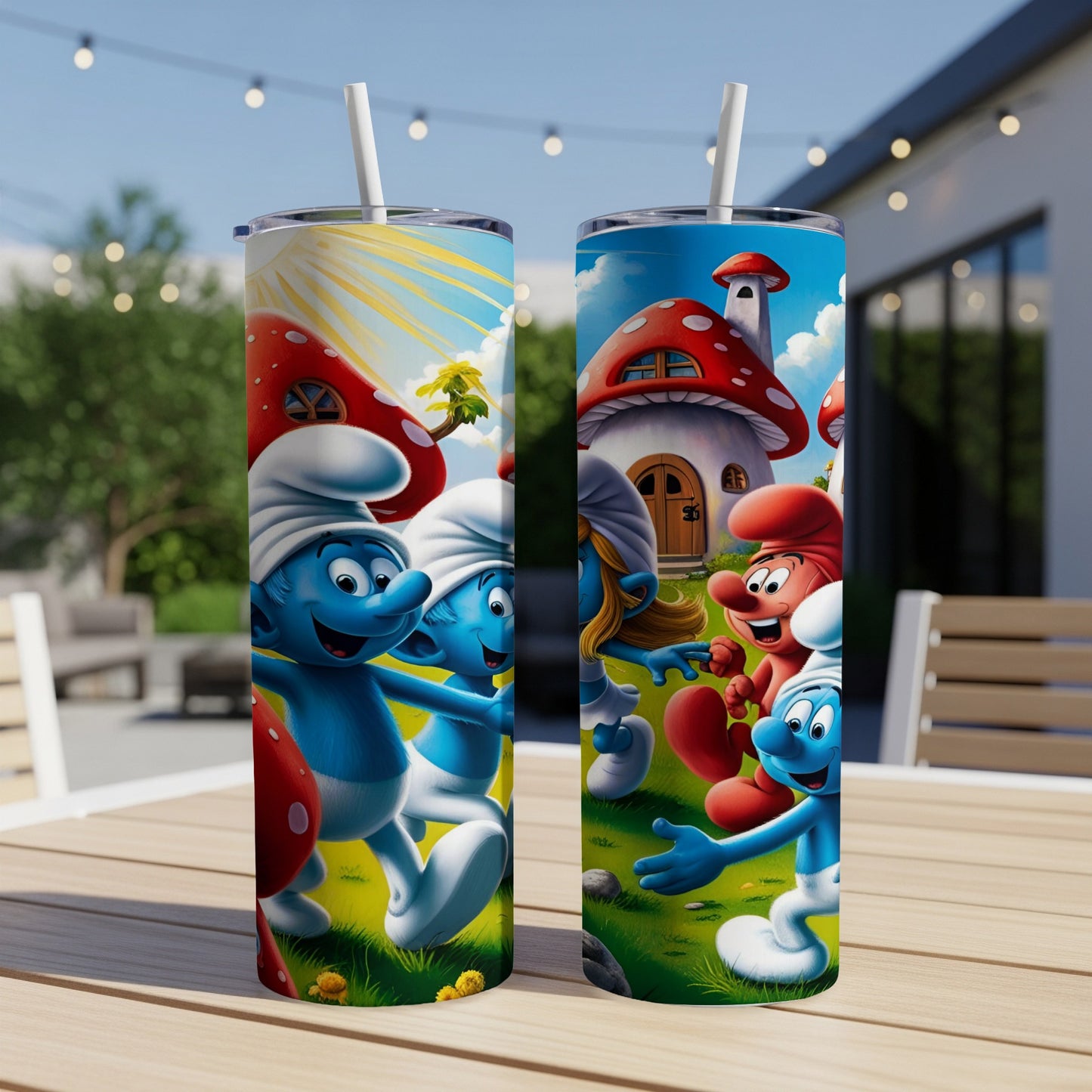 Two Smurf tumblers with Smurfs, Smurf houses, and mushrooms.