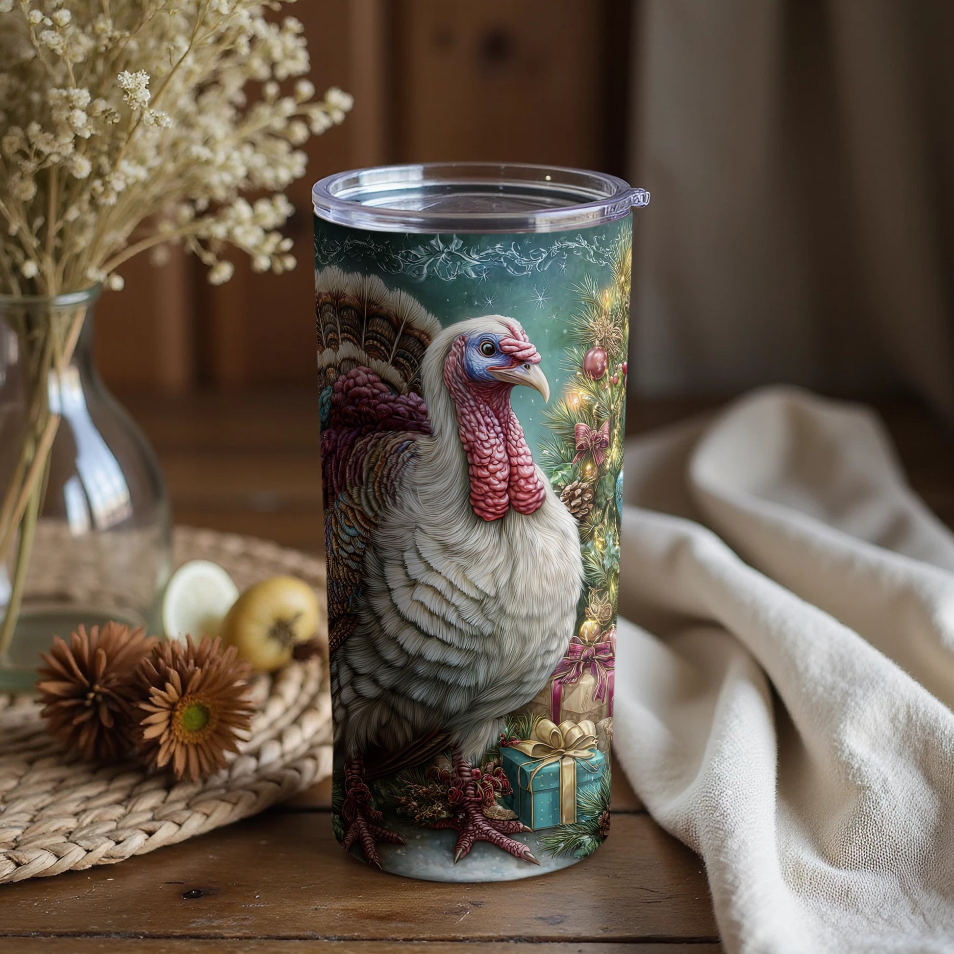 Festive Turkey Tumbler with Holiday Decorations