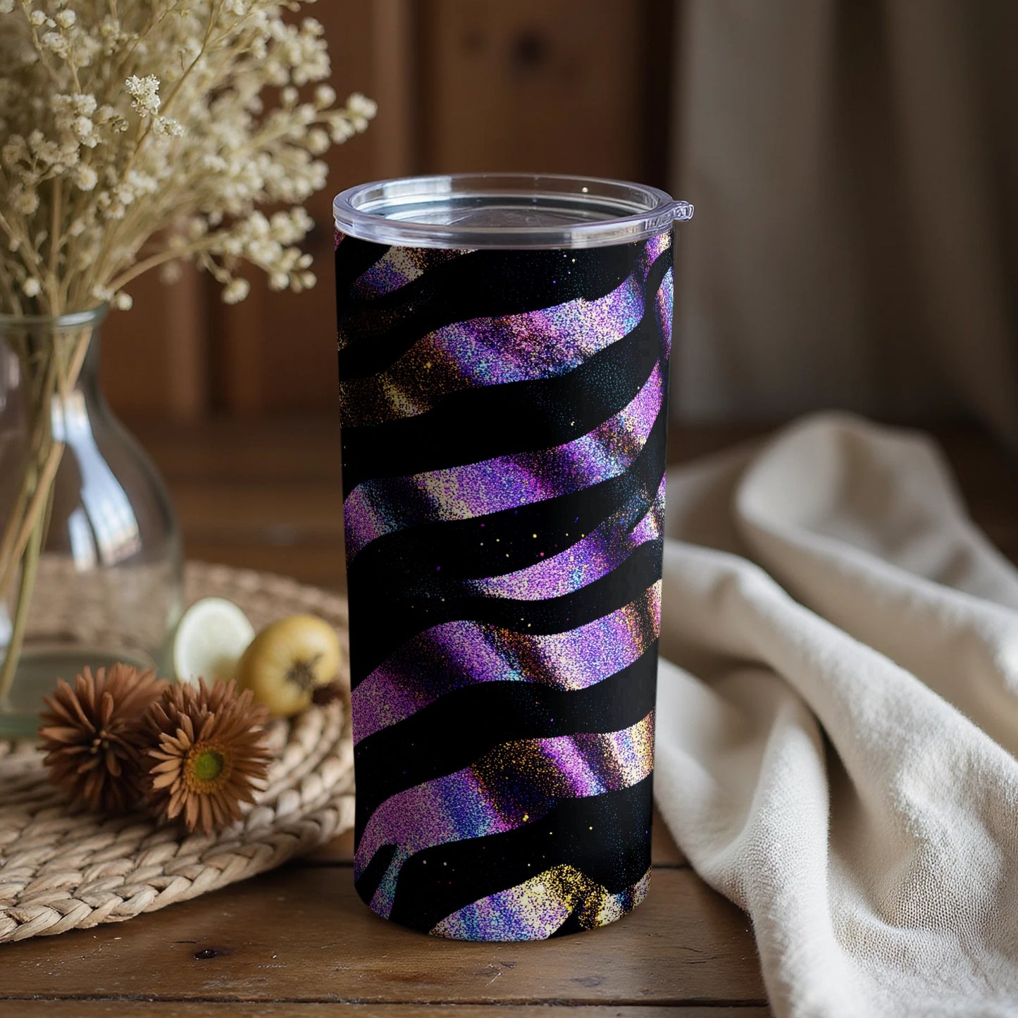 Vibrant Glitter Purple and Black Striped Tumbler