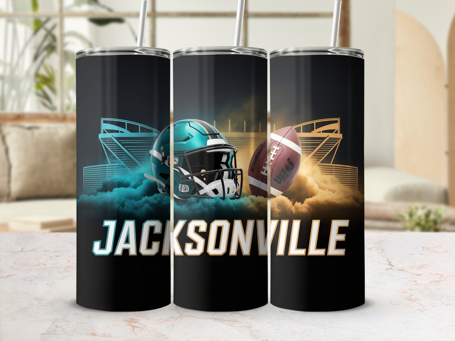 Jacksonville Jaguars football helmet and ball on stadium background.