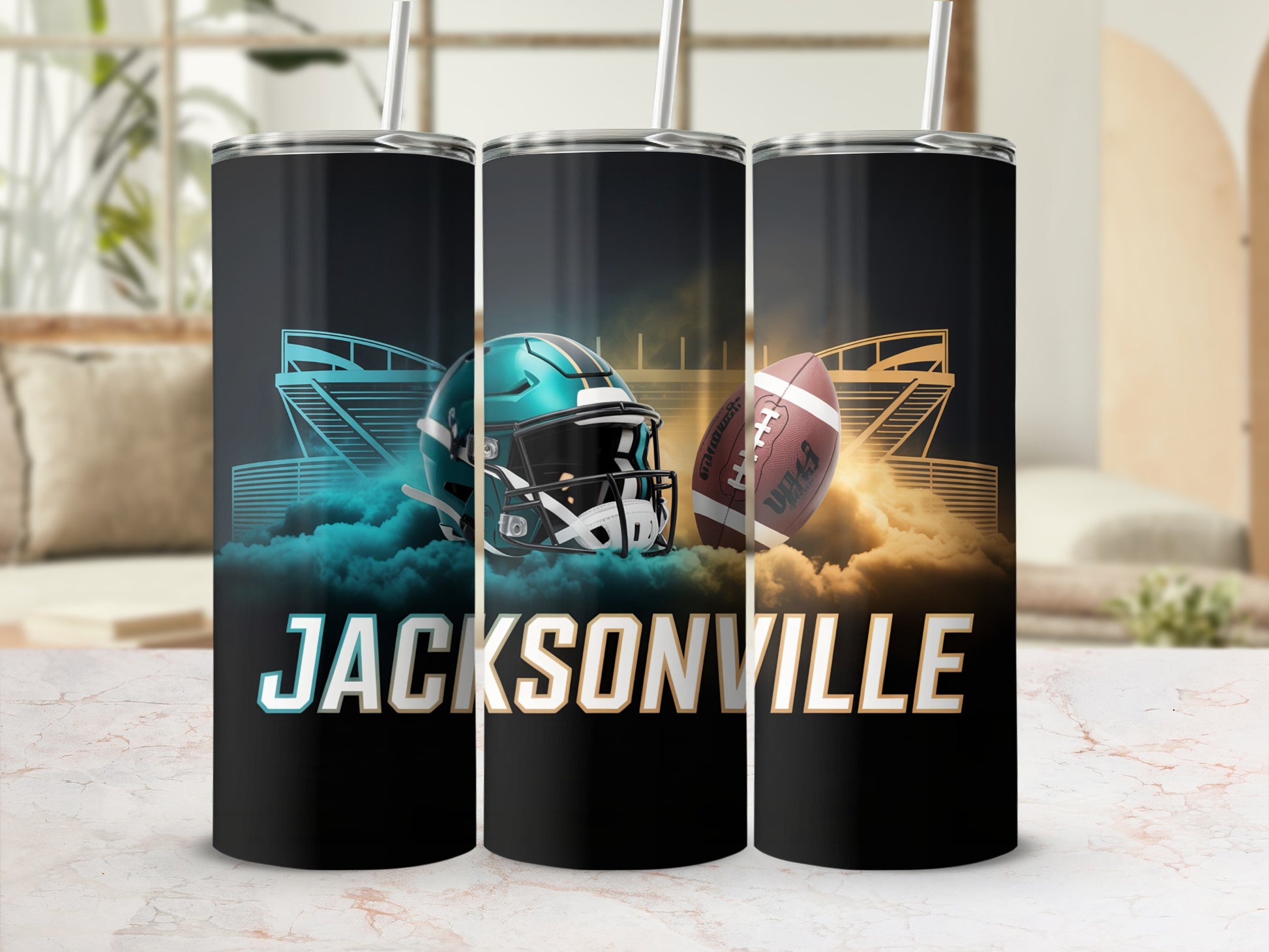 Jacksonville Jaguars football helmet and ball on stadium background.