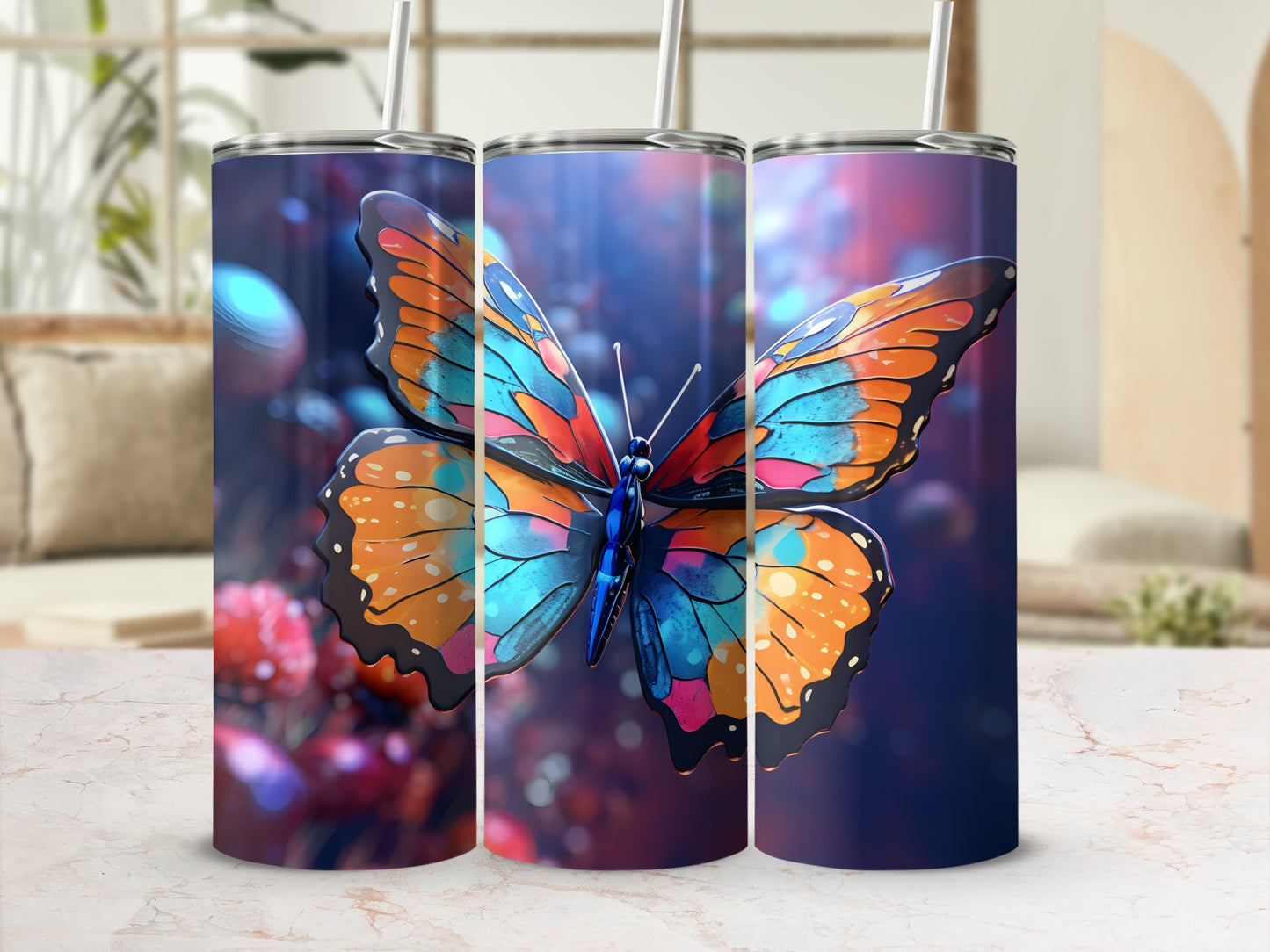 Three tumblers featuring a vibrant, colorful butterfly design.