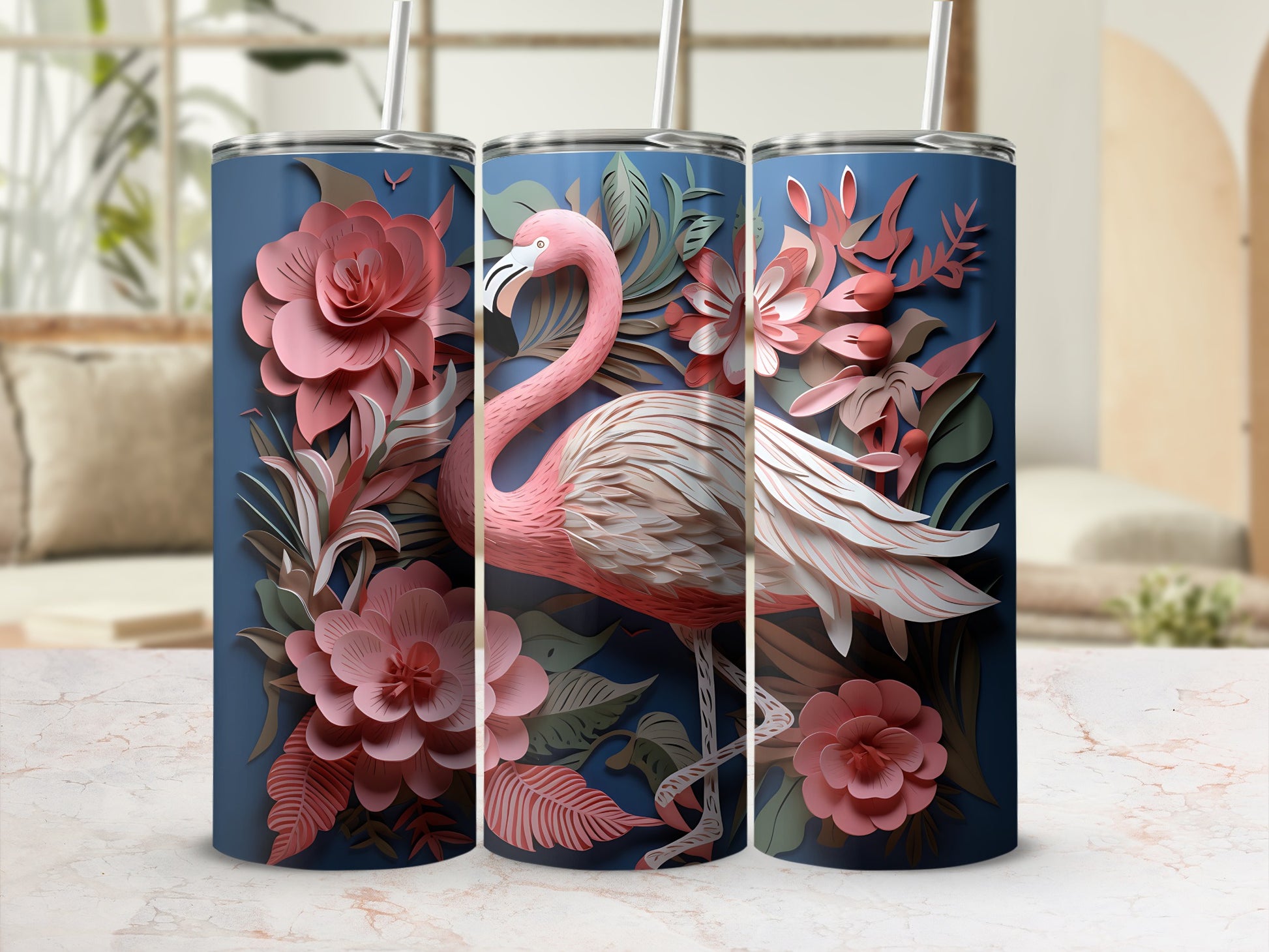 Dark blue tumbler with pink flamingo and floral design.