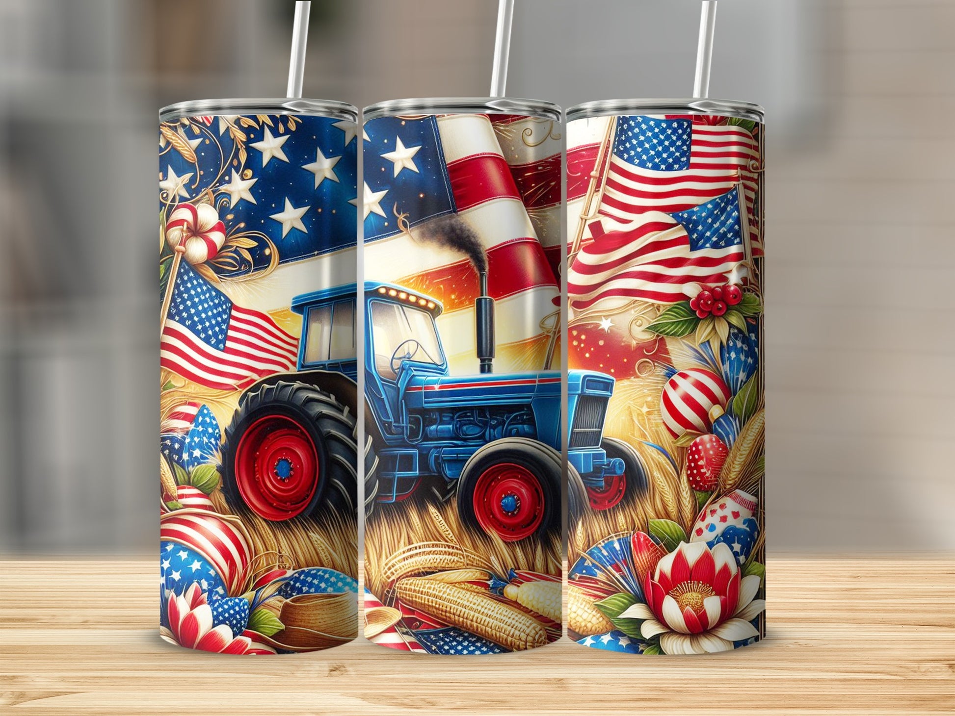 Blue tractor with American flags and patriotic decorations on a tumbler.