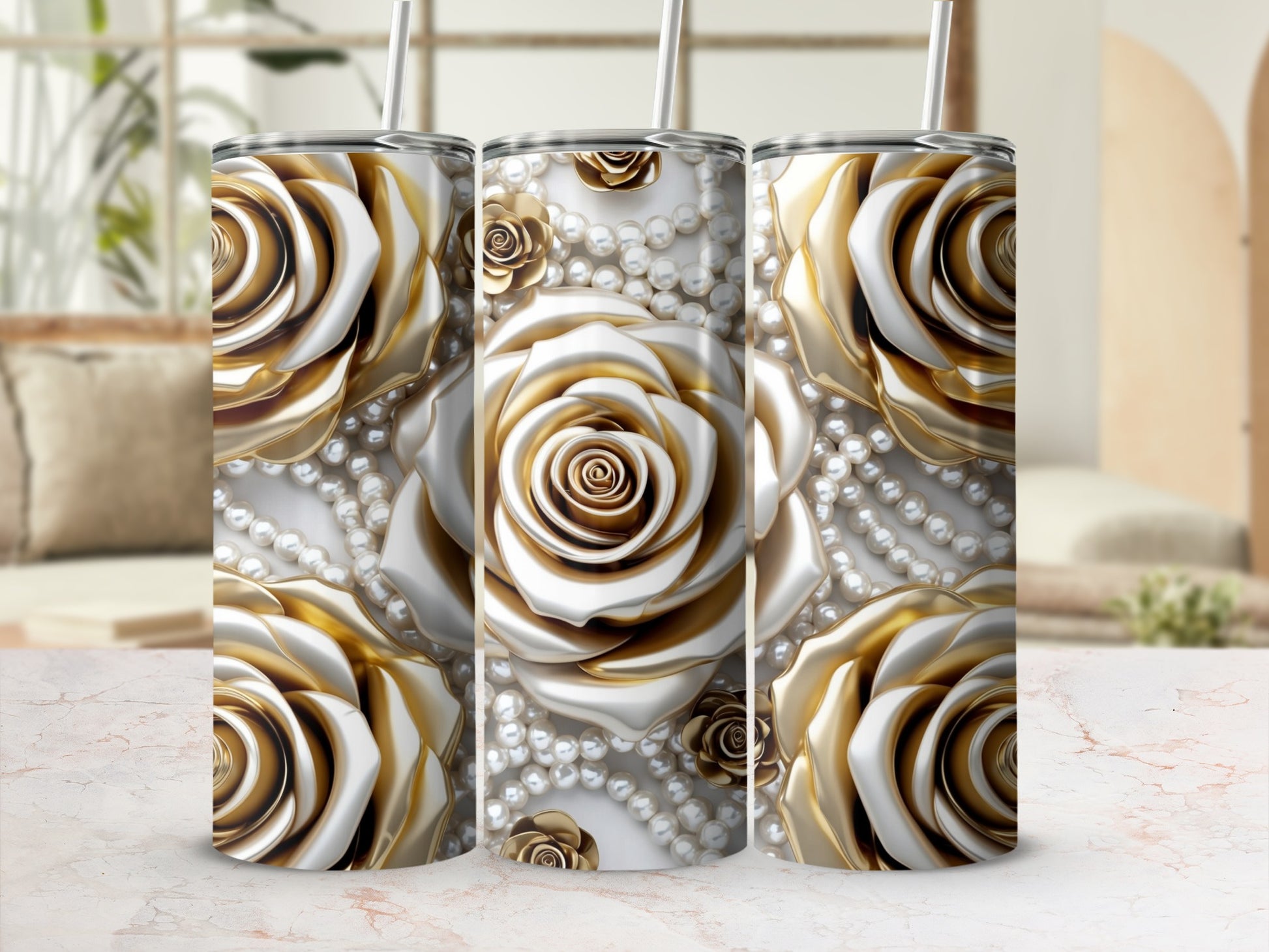 Three tumblers featuring white roses and pearl beads against a blurred background.